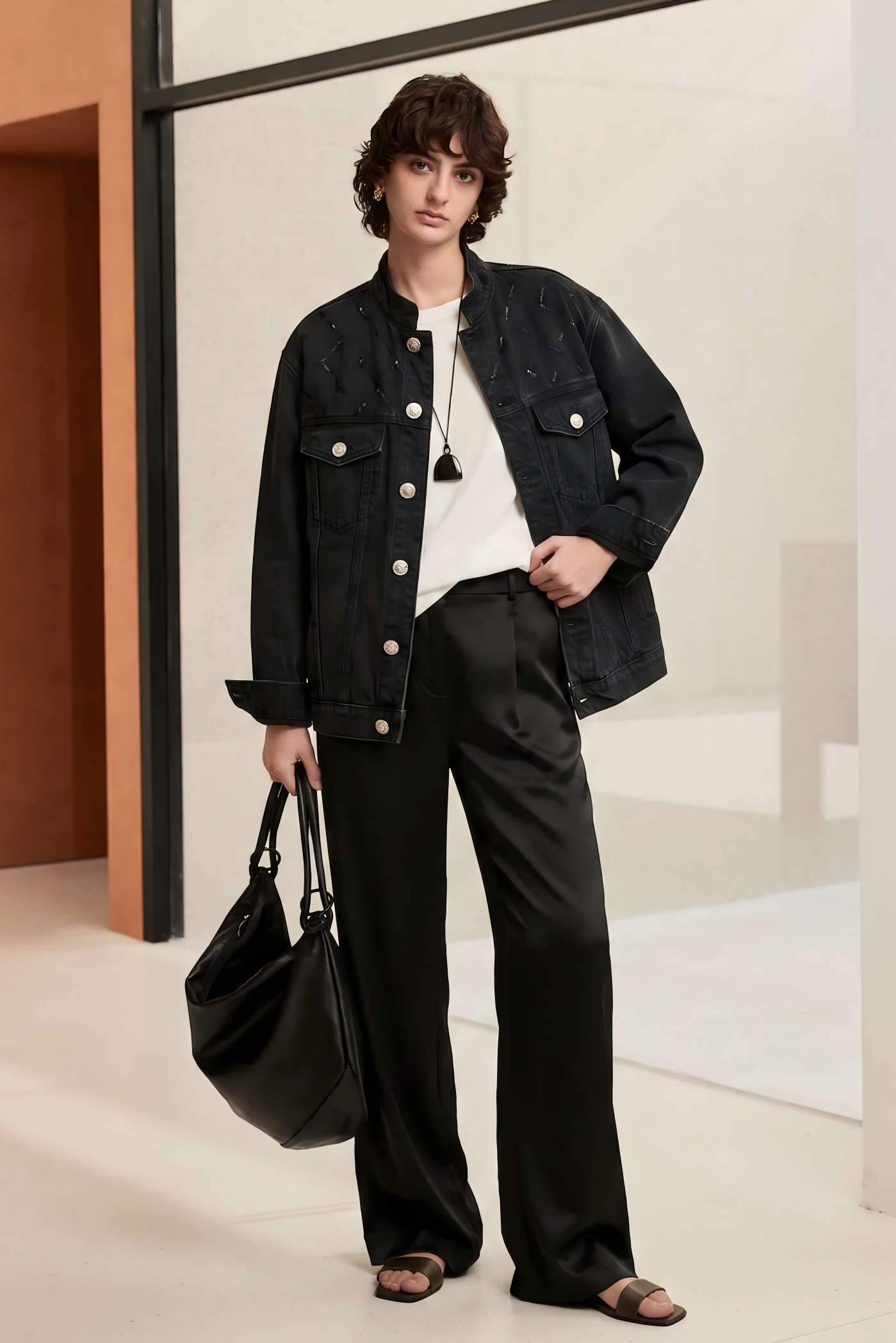 Black Bead-Embellished Denim Jacket
