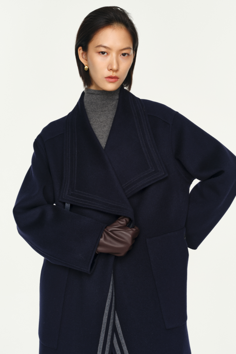 Leather Trim Double Face Draped-Collar Wool Coat