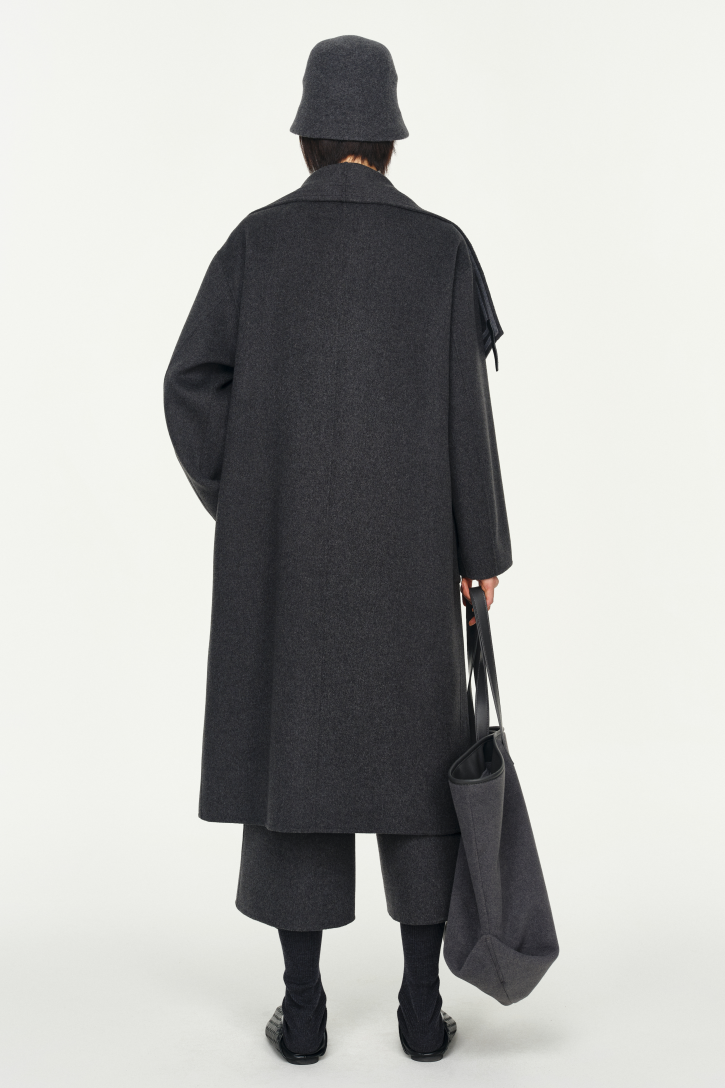 Leather Trim Double Face Draped-Collar Wool Coat