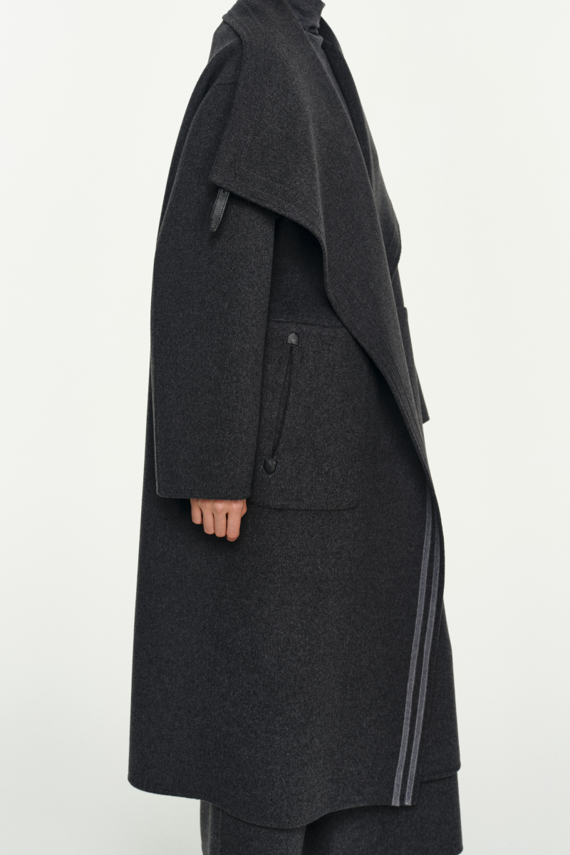 Leather Trim Double Face Draped-Collar Wool Coat
