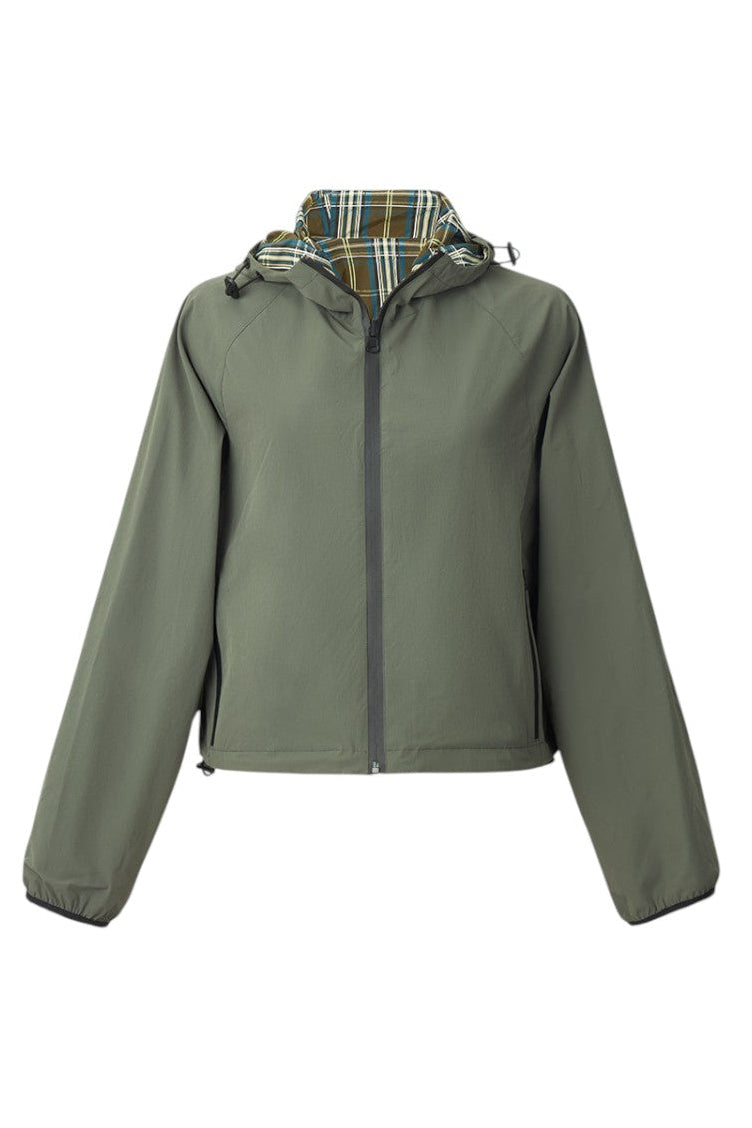 Green jacket with plaid hood on a white background