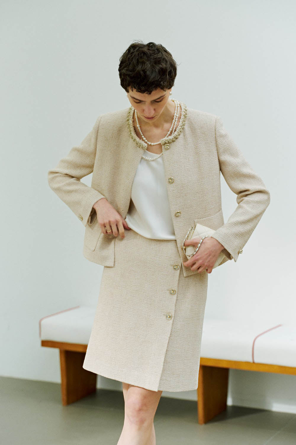 Contrast Tweed Cropped Jacket with Beaded Trim