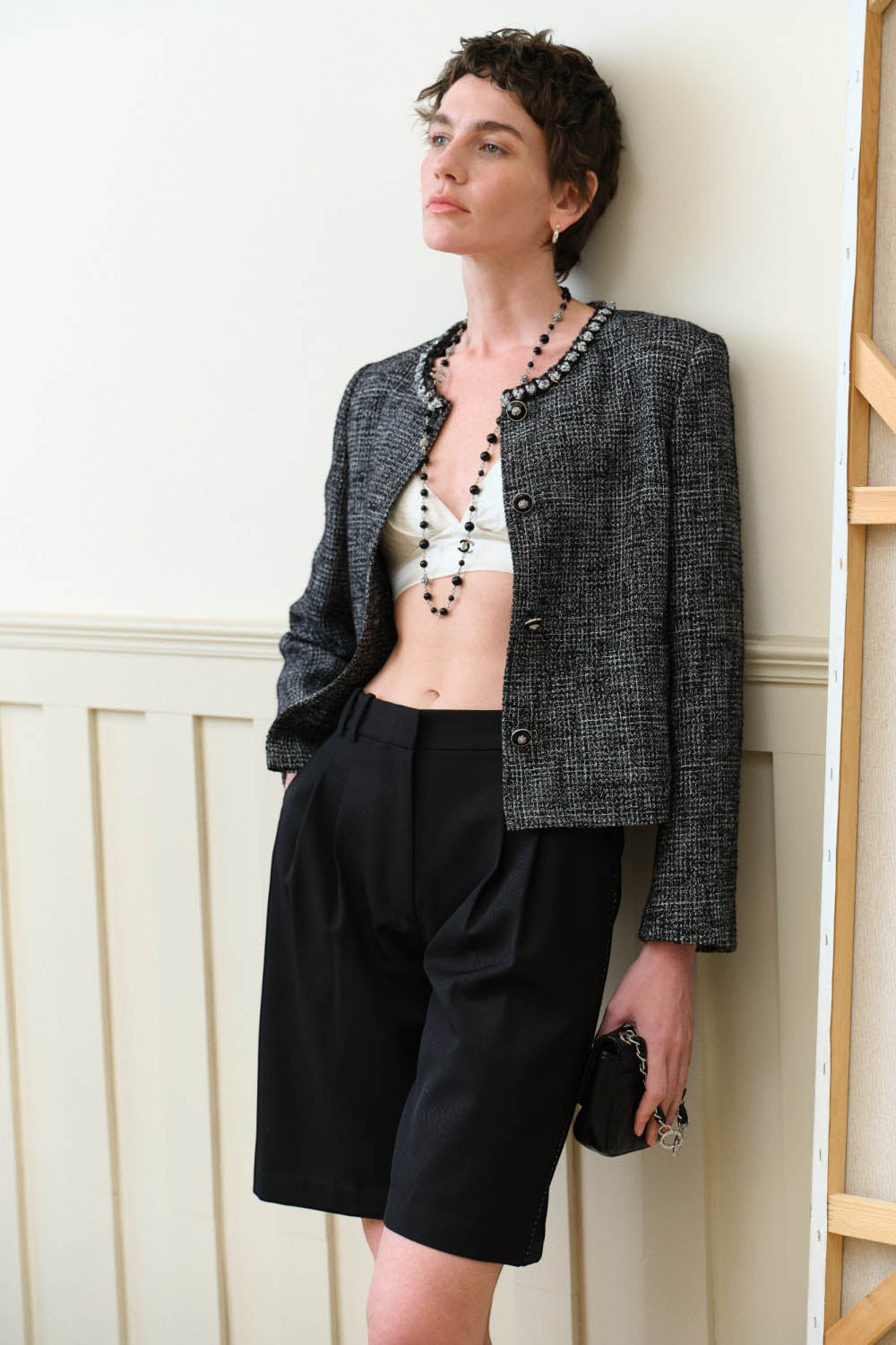 Contrast Tweed Cropped Jacket with Beaded Trim