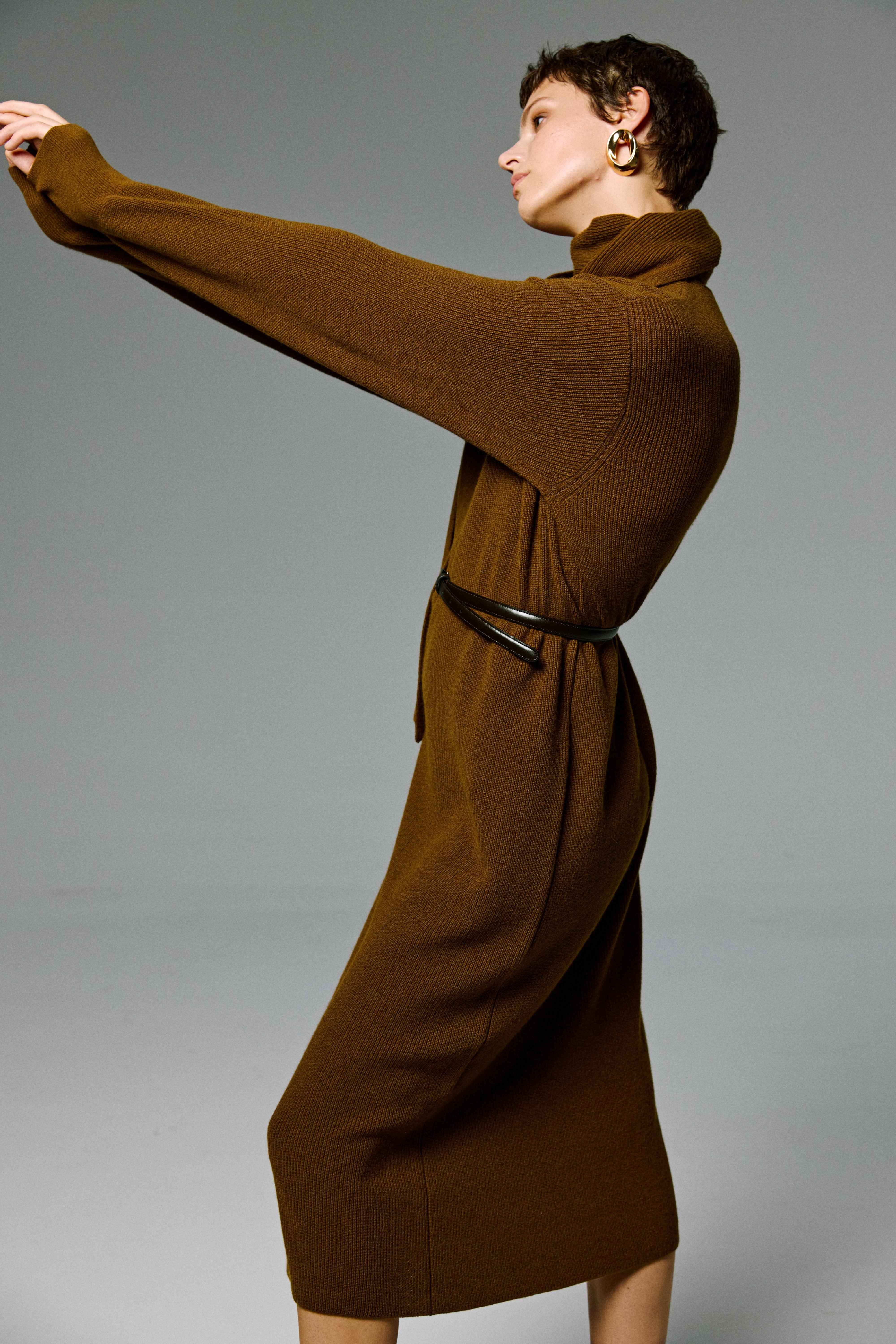 Merino Wool Scarf-Neck Knit Maxi Dress