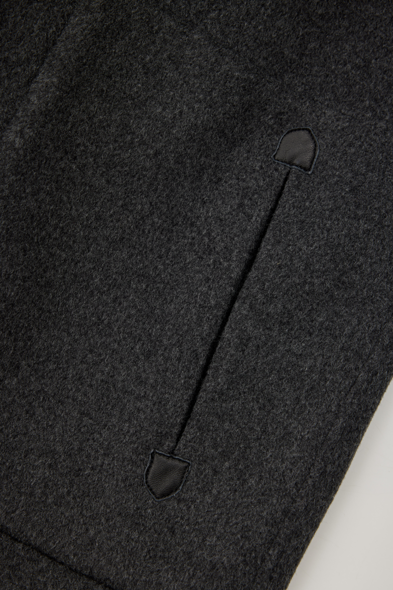 Leather Trim Double Face Draped-Collar Wool Coat