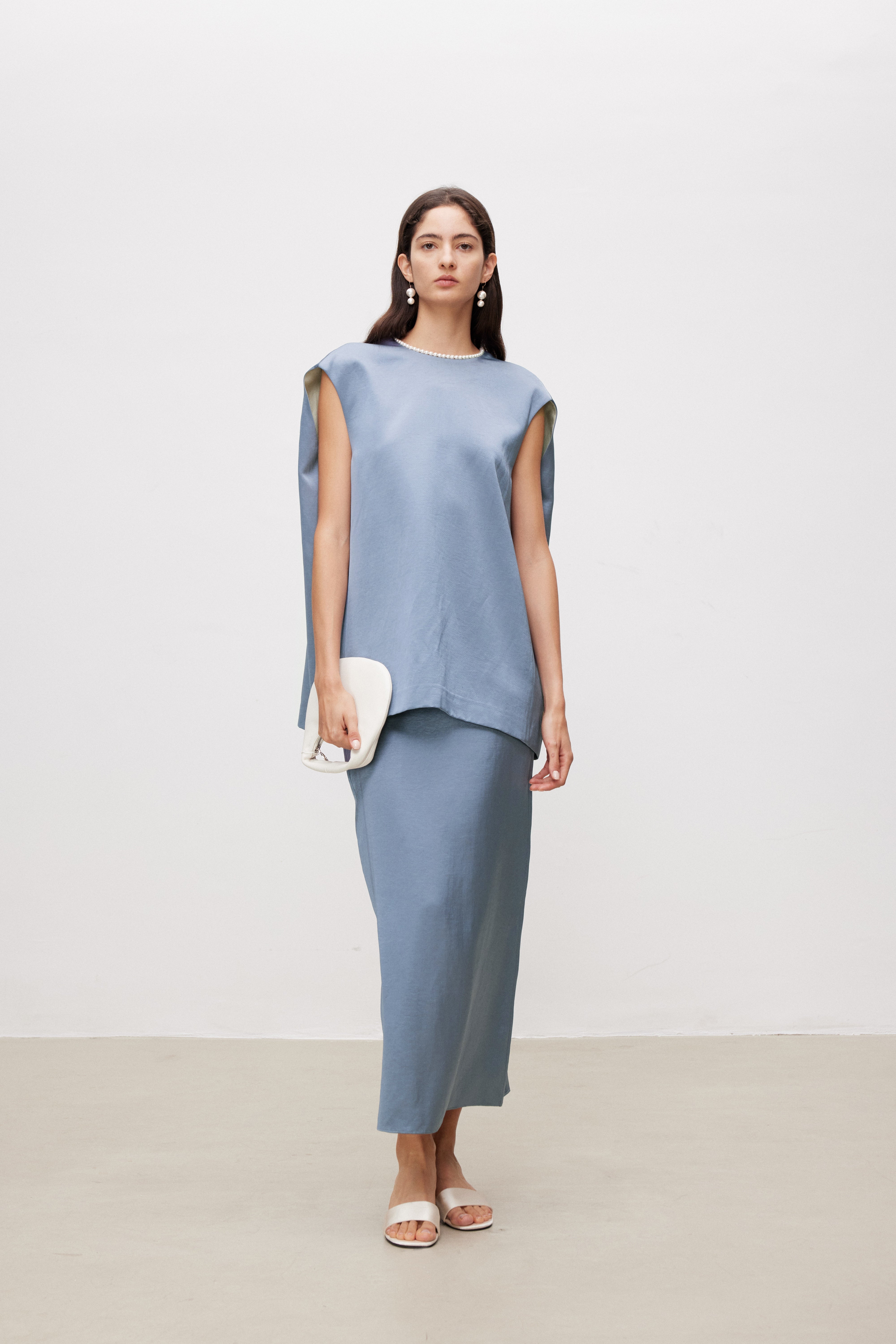 Pearl Sheen Acetate Linen Blend Straight Midi Skirt