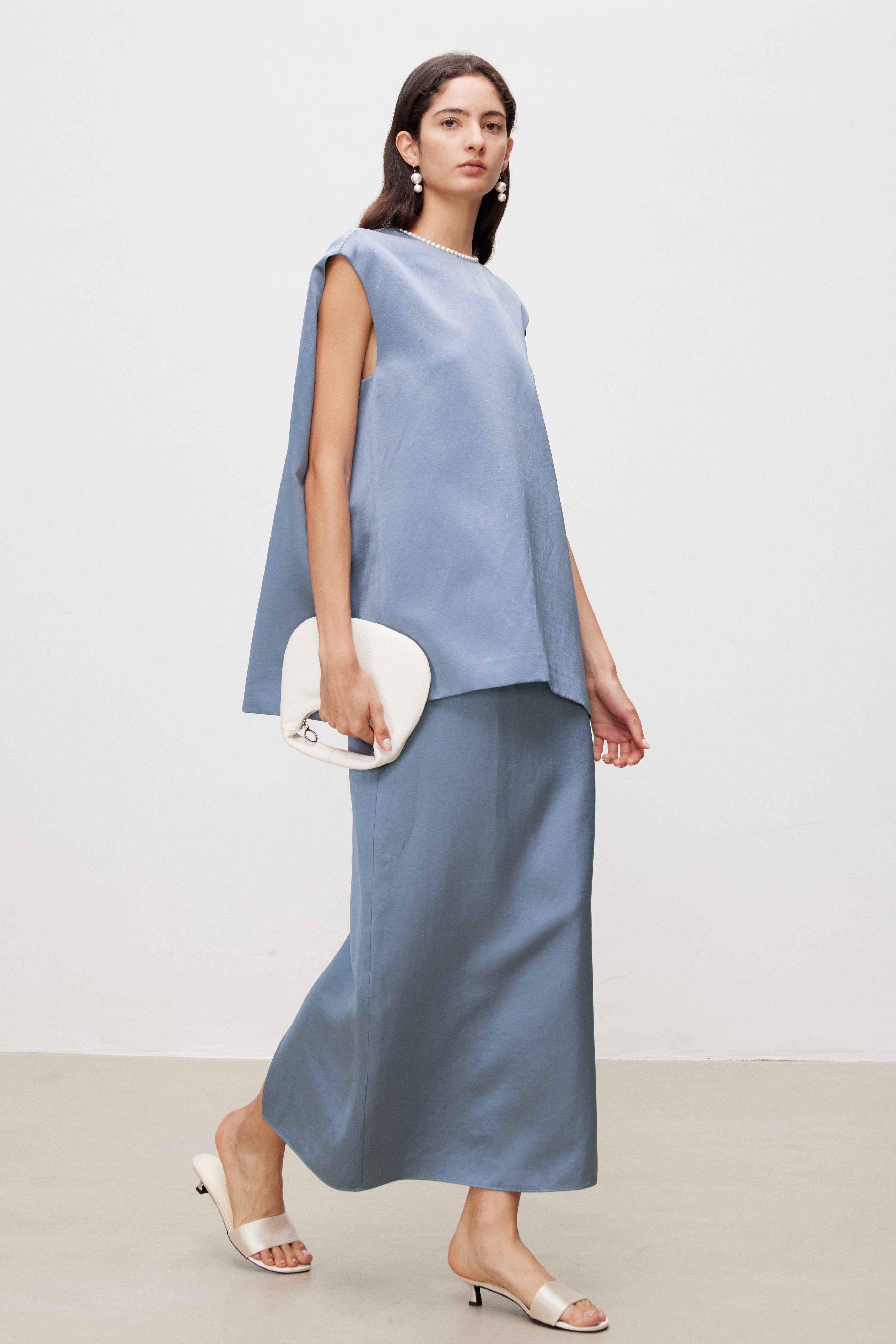 Pearl Sheen Acetate Linen Blend Straight Midi Skirt