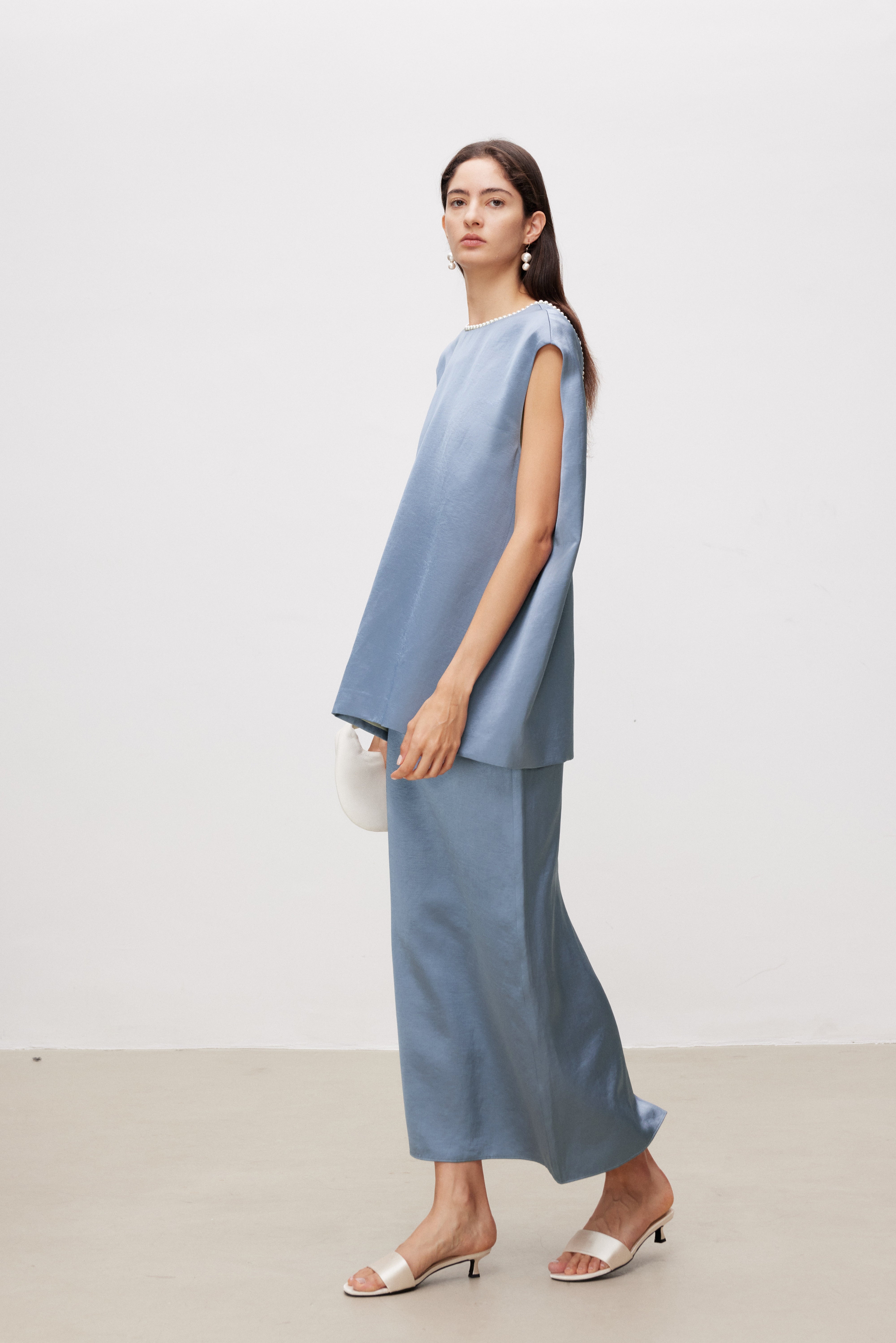 Pearl Sheen Acetate Linen Blend Straight Midi Skirt