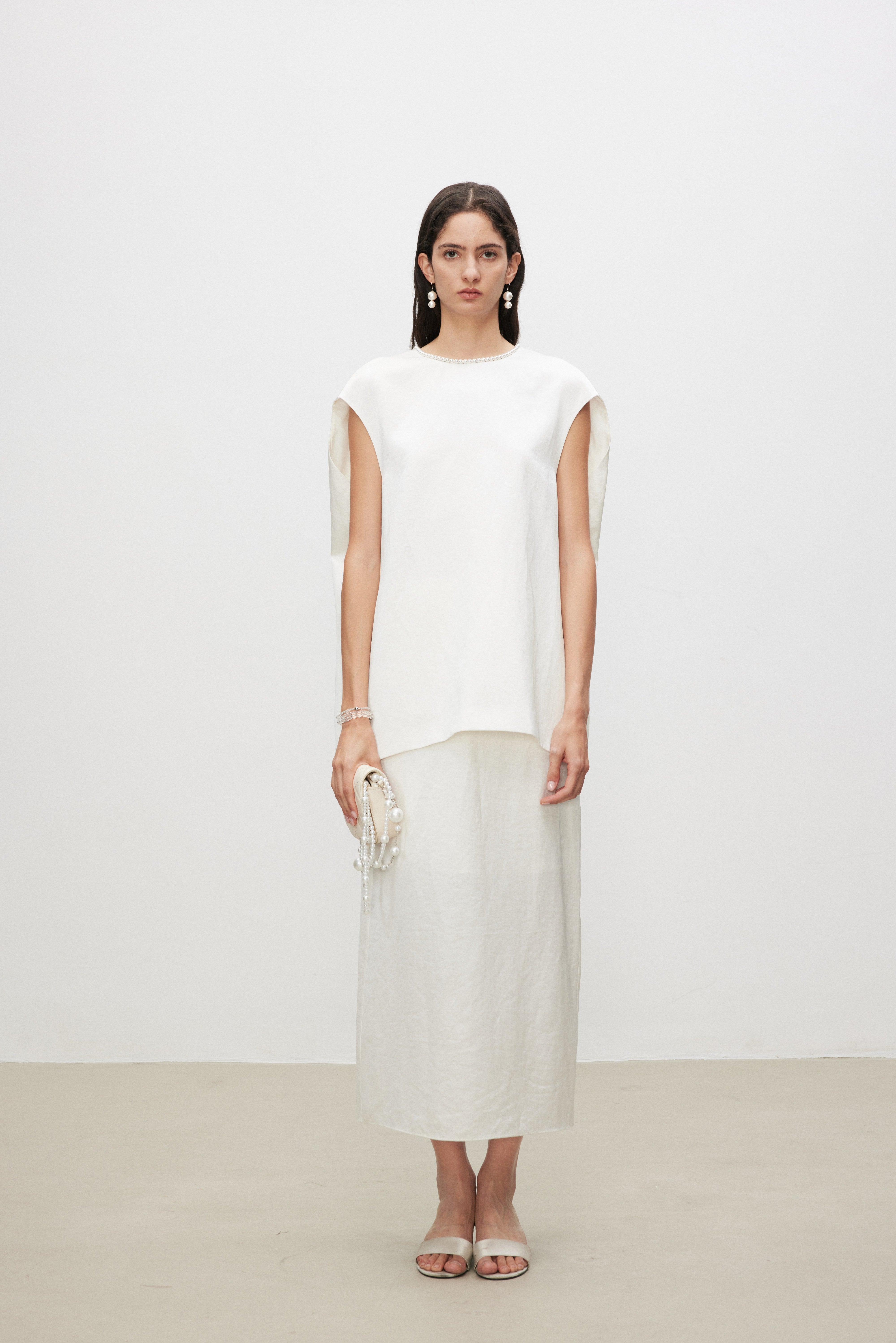 Pearl Sheen Acetate Linen Blend Straight Midi Skirt