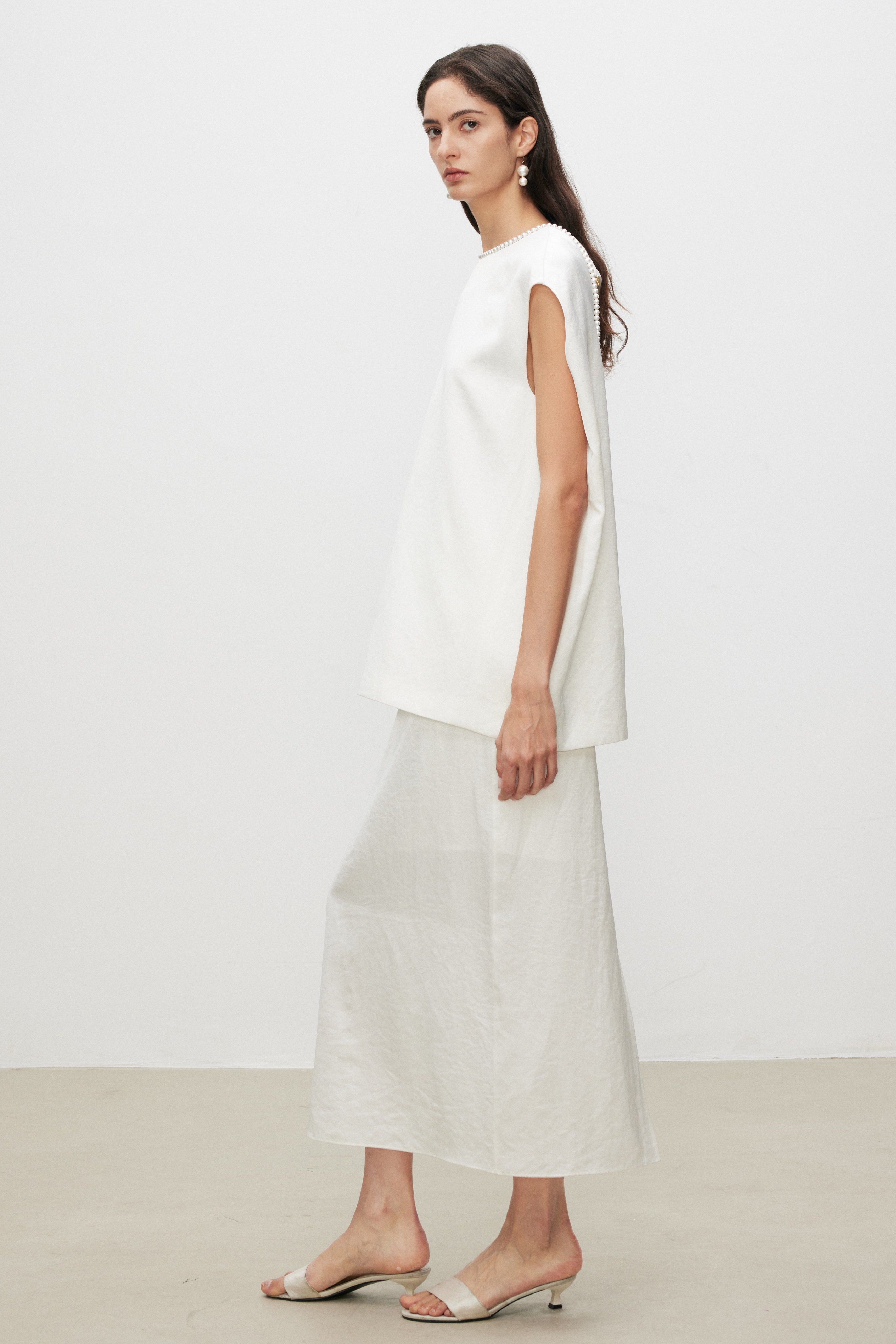 Pearl Sheen Acetate Linen Blend Straight Midi Skirt