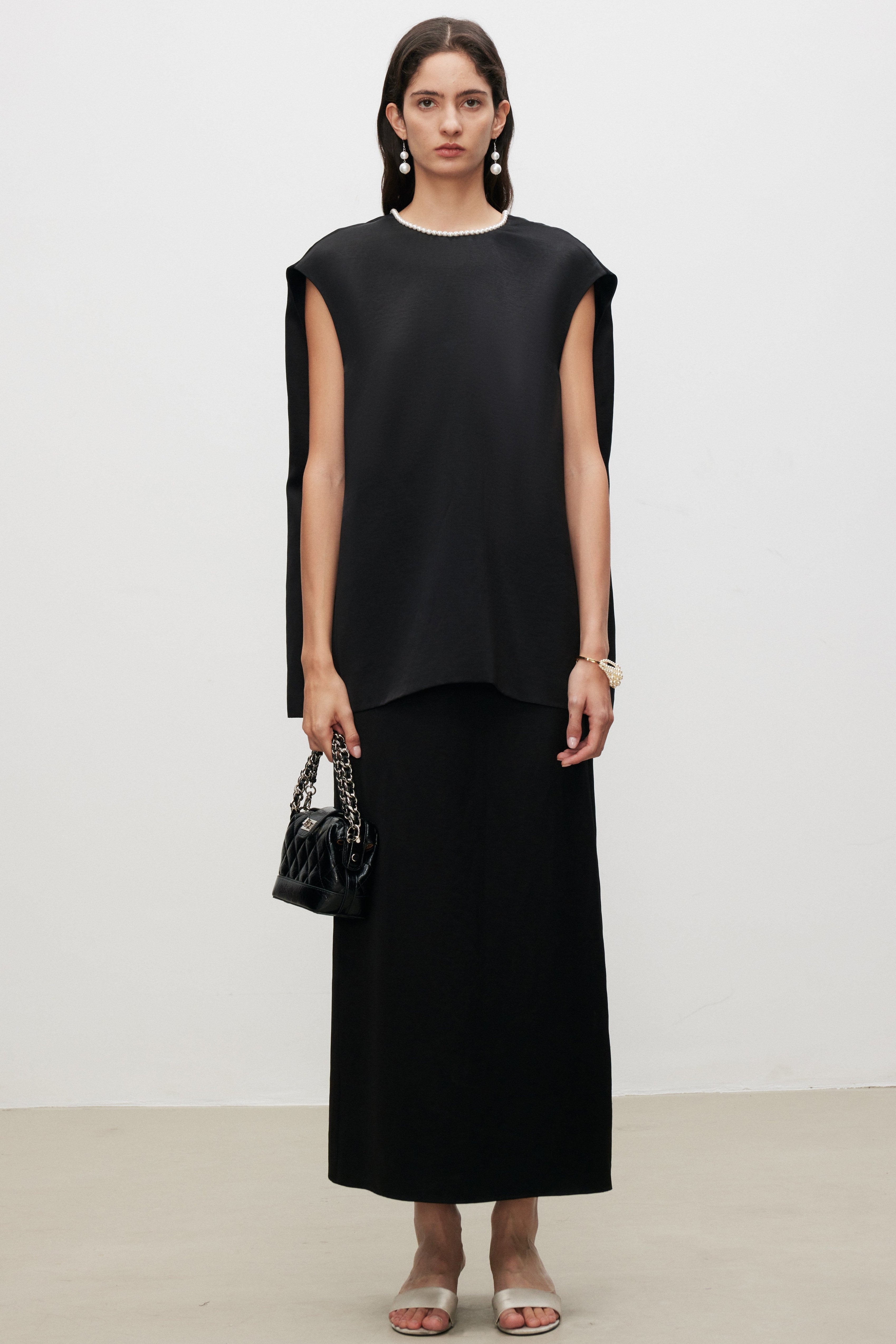 Pearl Sheen Acetate Linen Blend Straight Midi Skirt