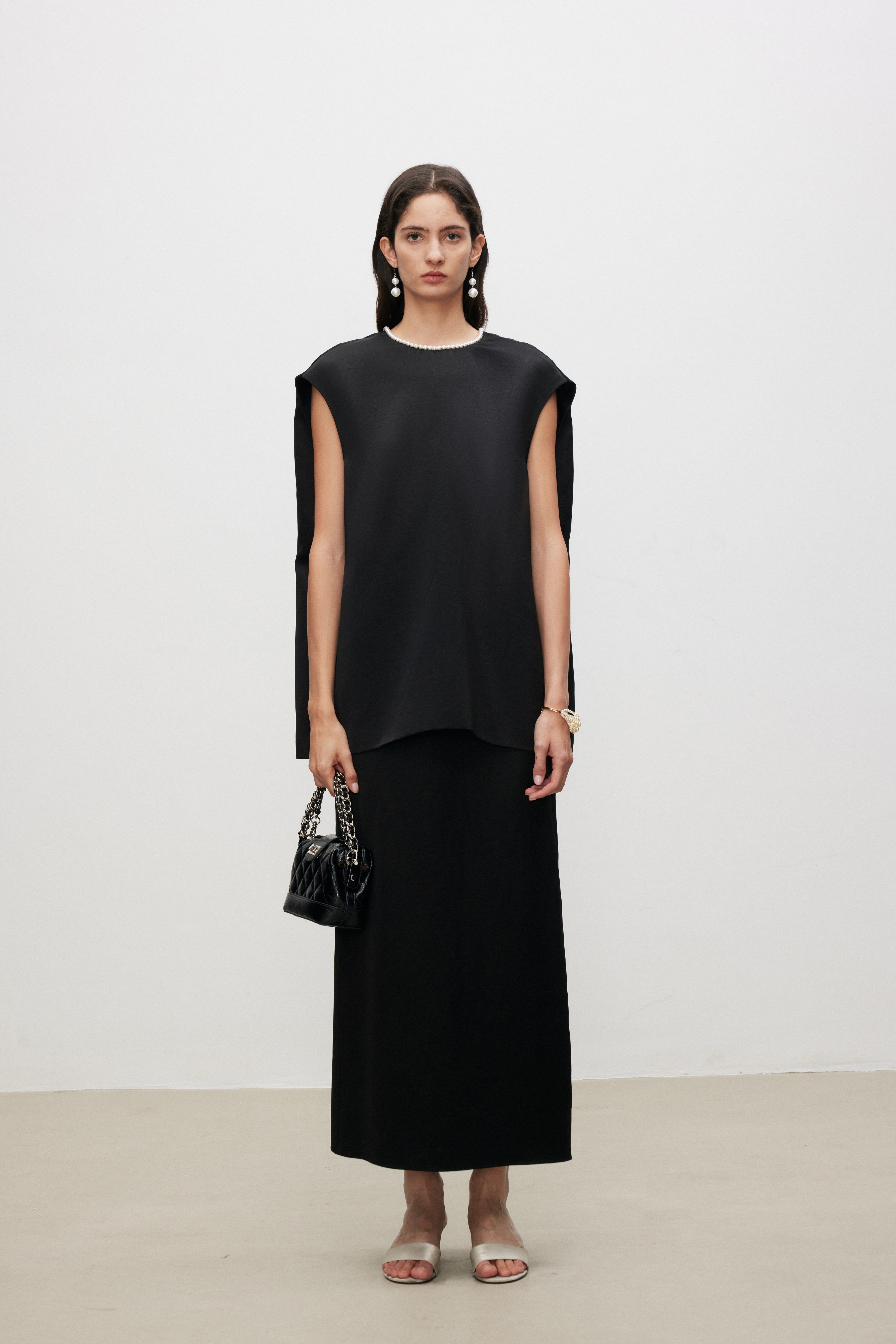 Pearl Sheen Acetate Linen Blend Straight Midi Skirt