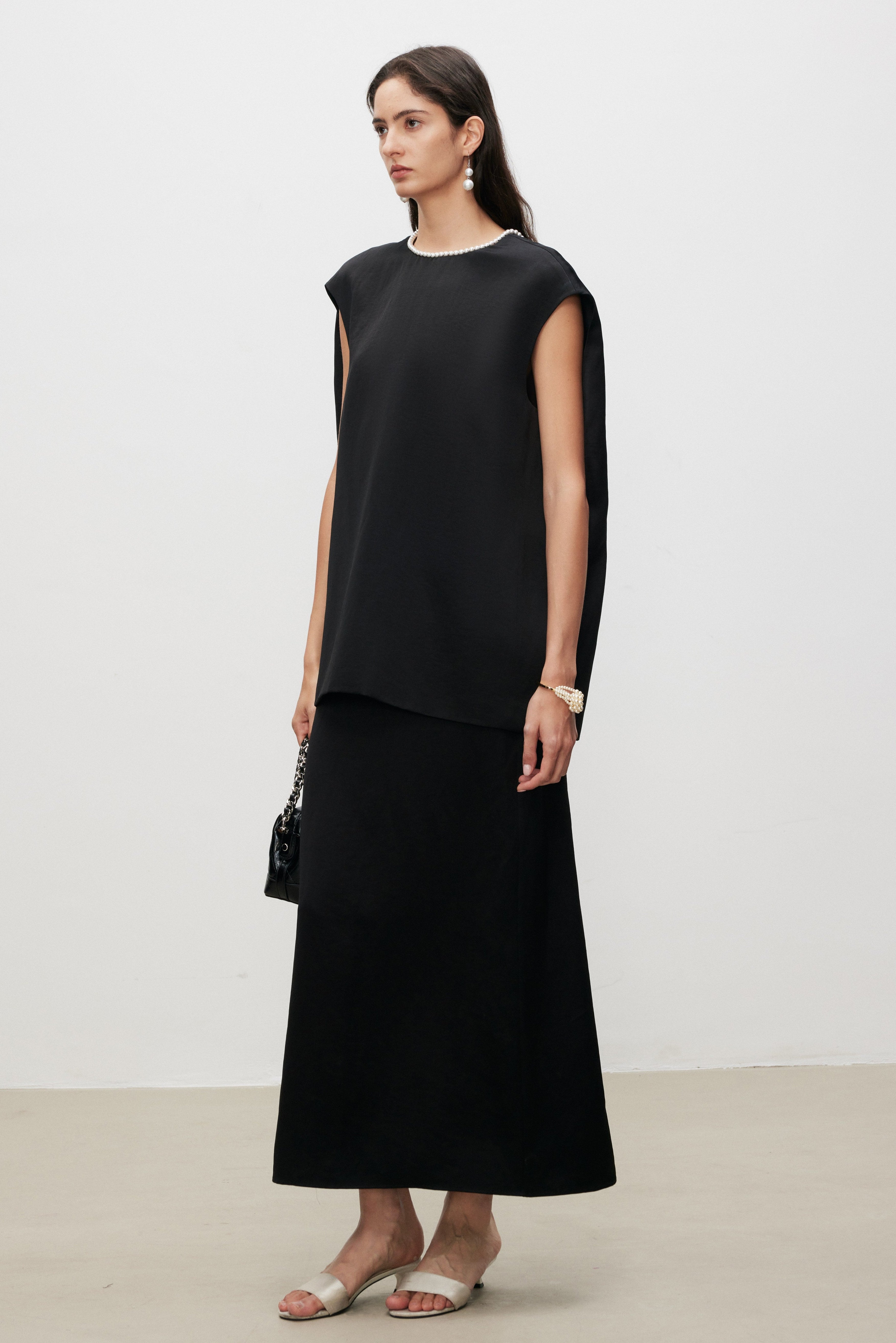 Pearl Sheen Acetate Linen Blend Straight Midi Skirt