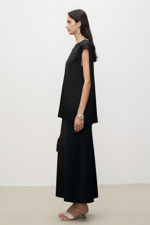 Pearl Sheen Acetate Linen Blend Straight Midi Skirt