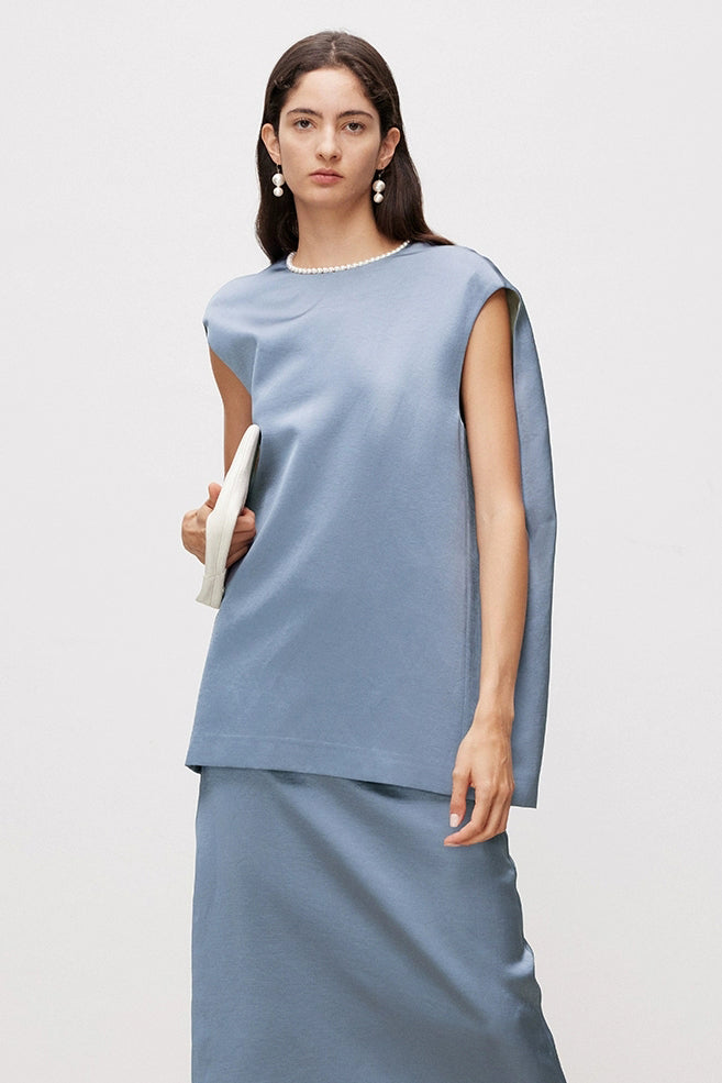 Pearl Sheen Acetate Linen Blend Sleeveless Top