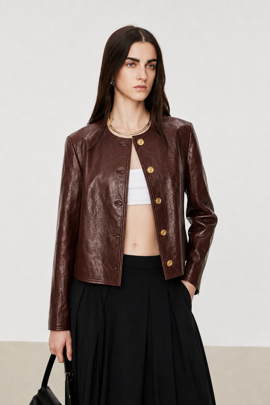 Hand-Pleated Leather Cropped Jacket