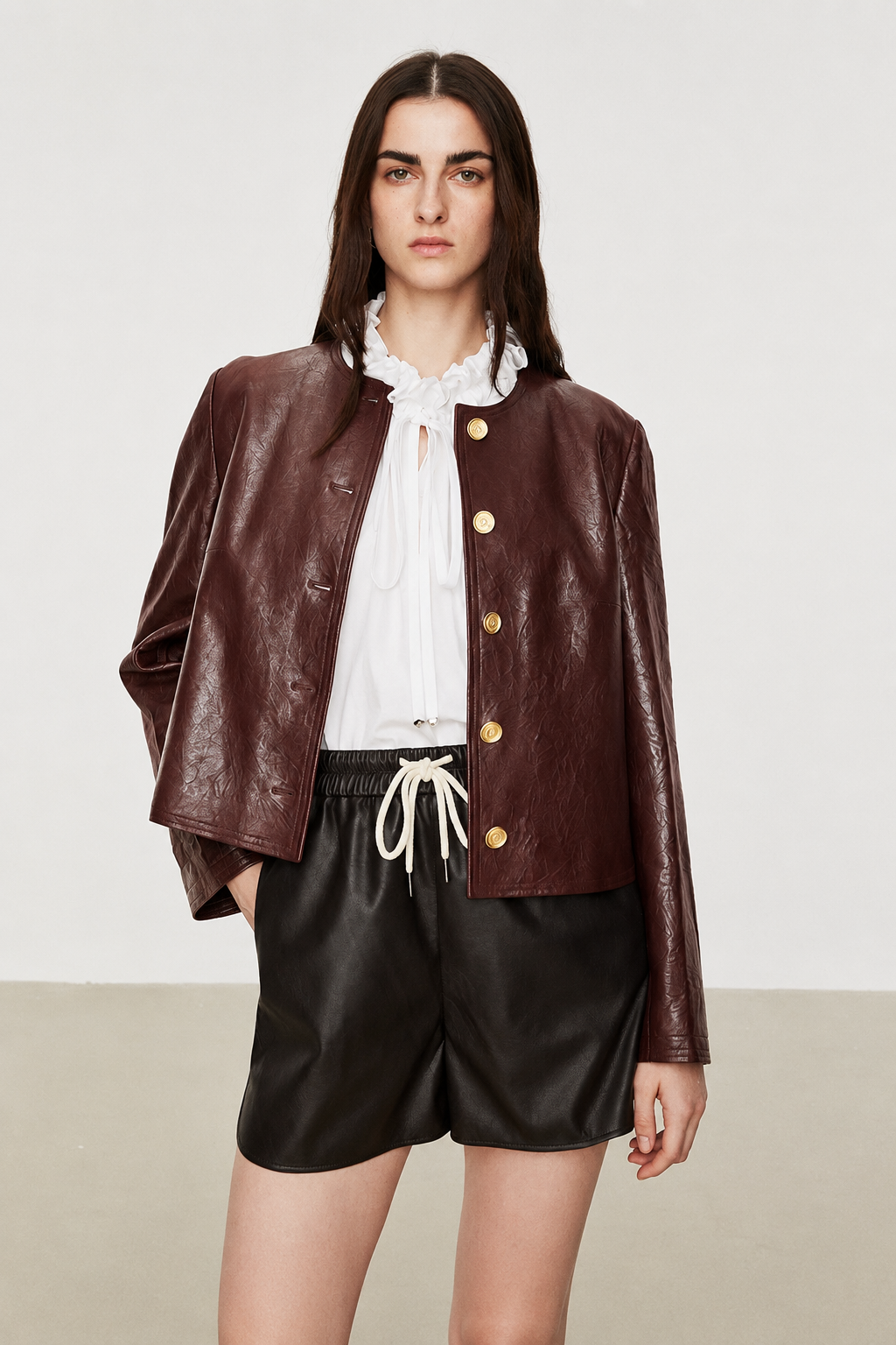 Hand-Pleated Leather Cropped Jacket