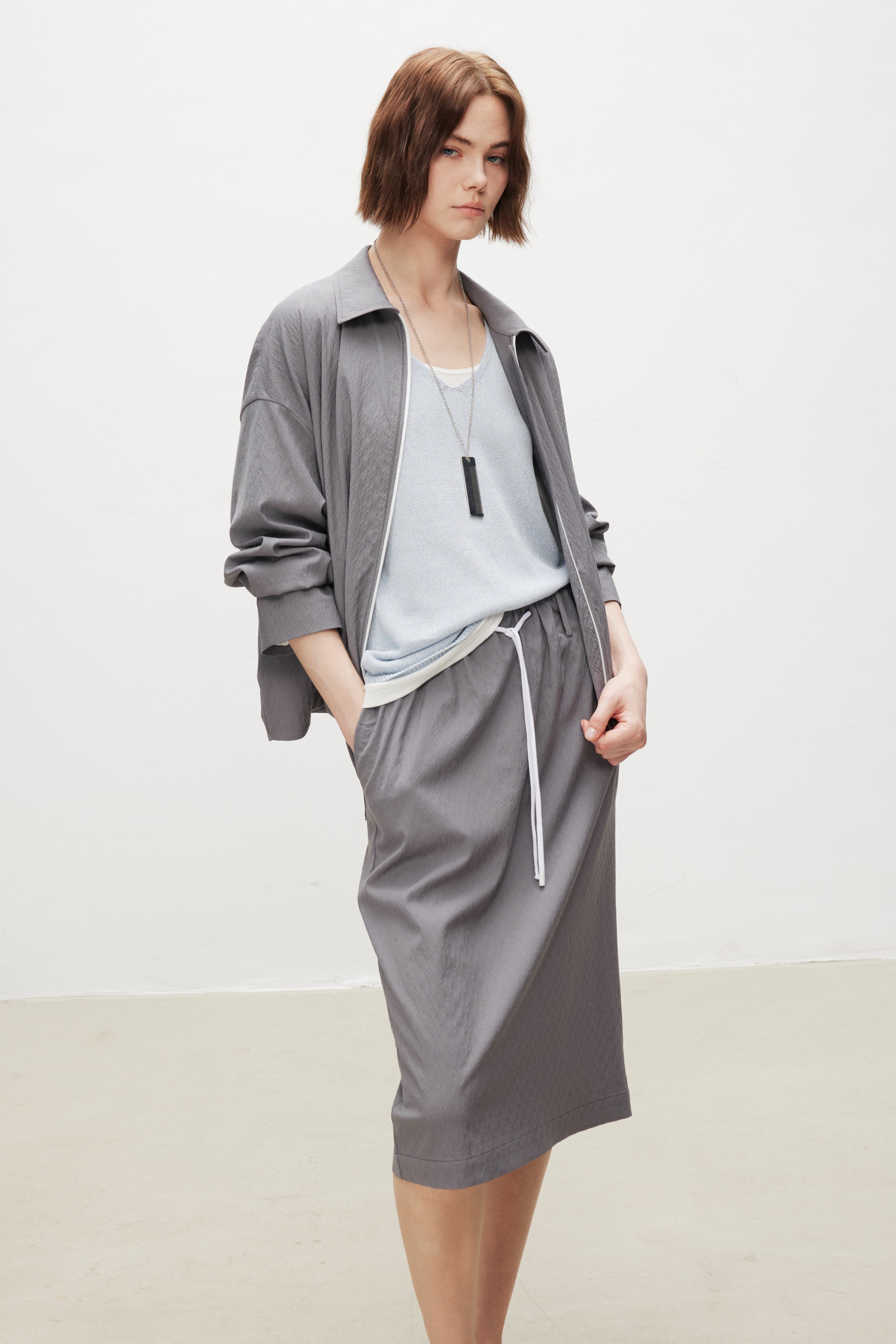 Wool Seersucker Midi Skirt