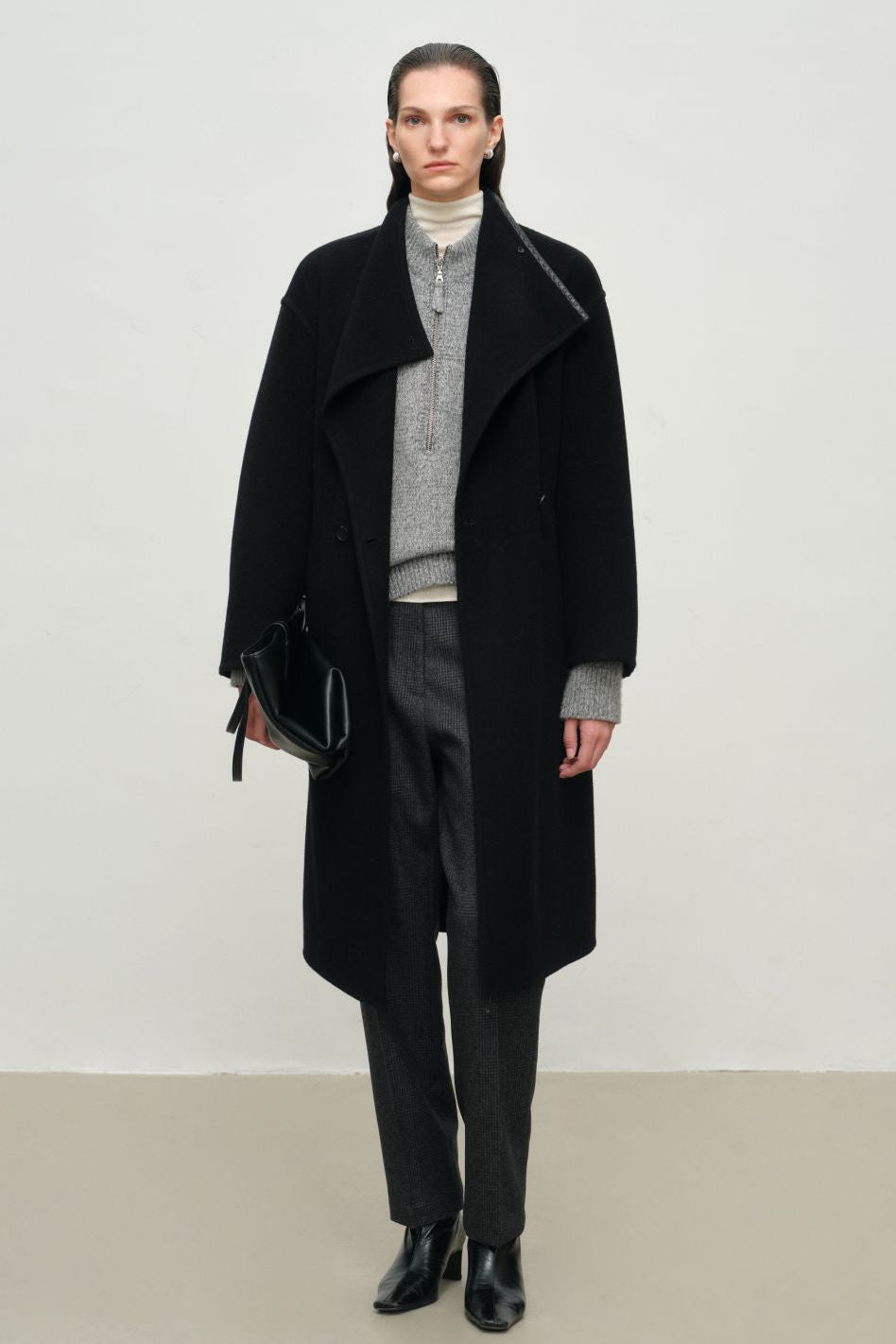 Leather-Trim Belted Pure Wool Wrap Long Coat