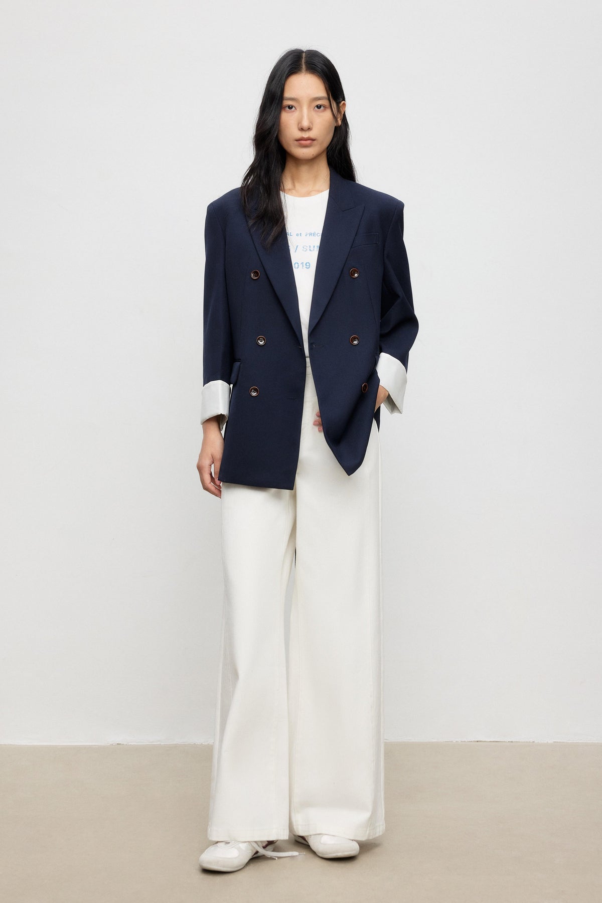Belted Wool Double-Breasted Blazer with Contrast Cuffs