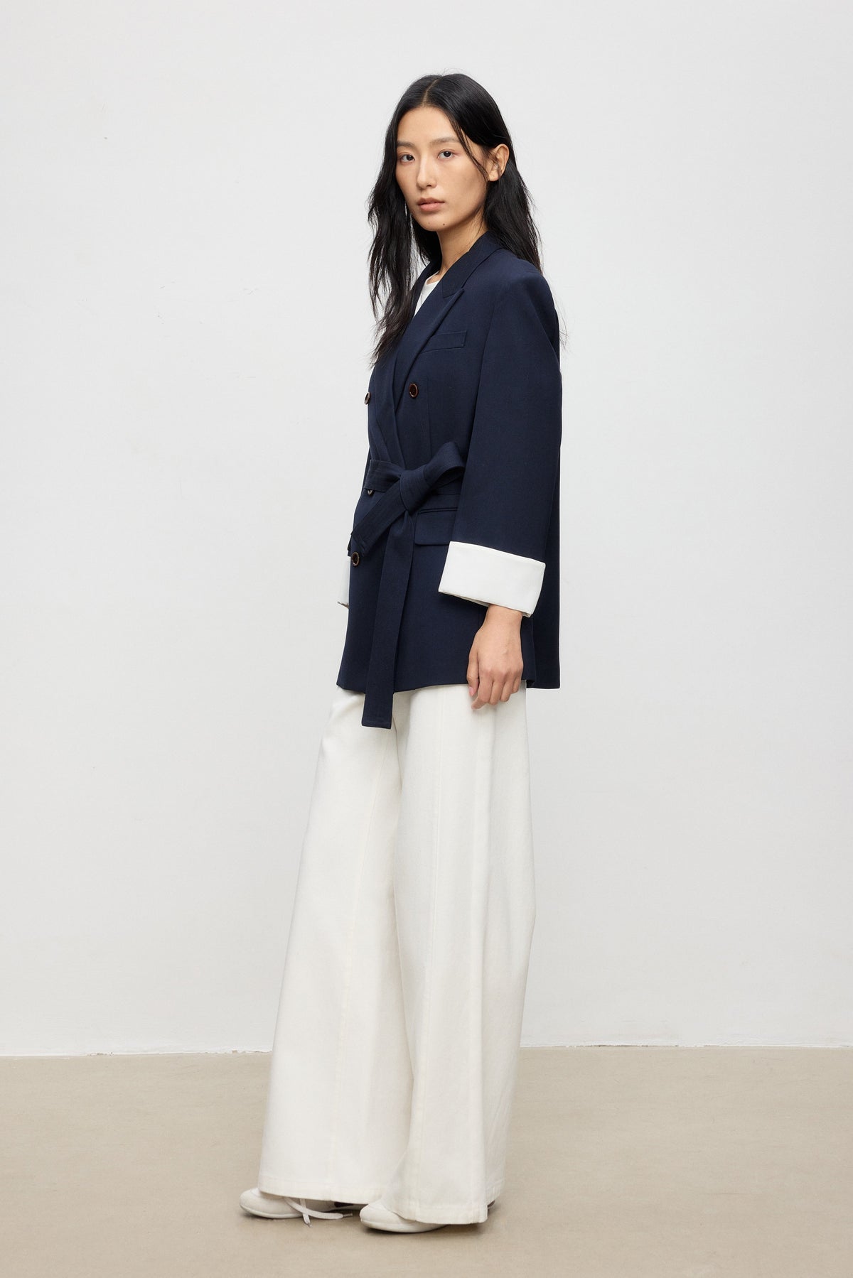 Belted Wool Double-Breasted Blazer with Contrast Cuffs