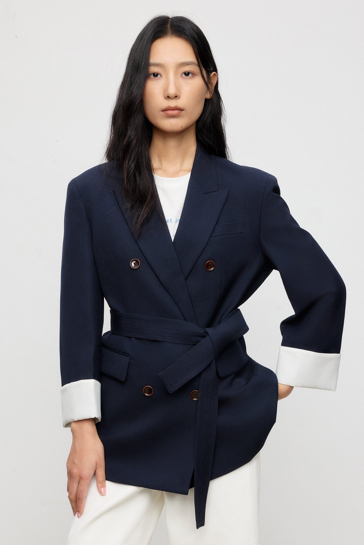 Belted Wool Double-Breasted Blazer with Contrast Cuffs
