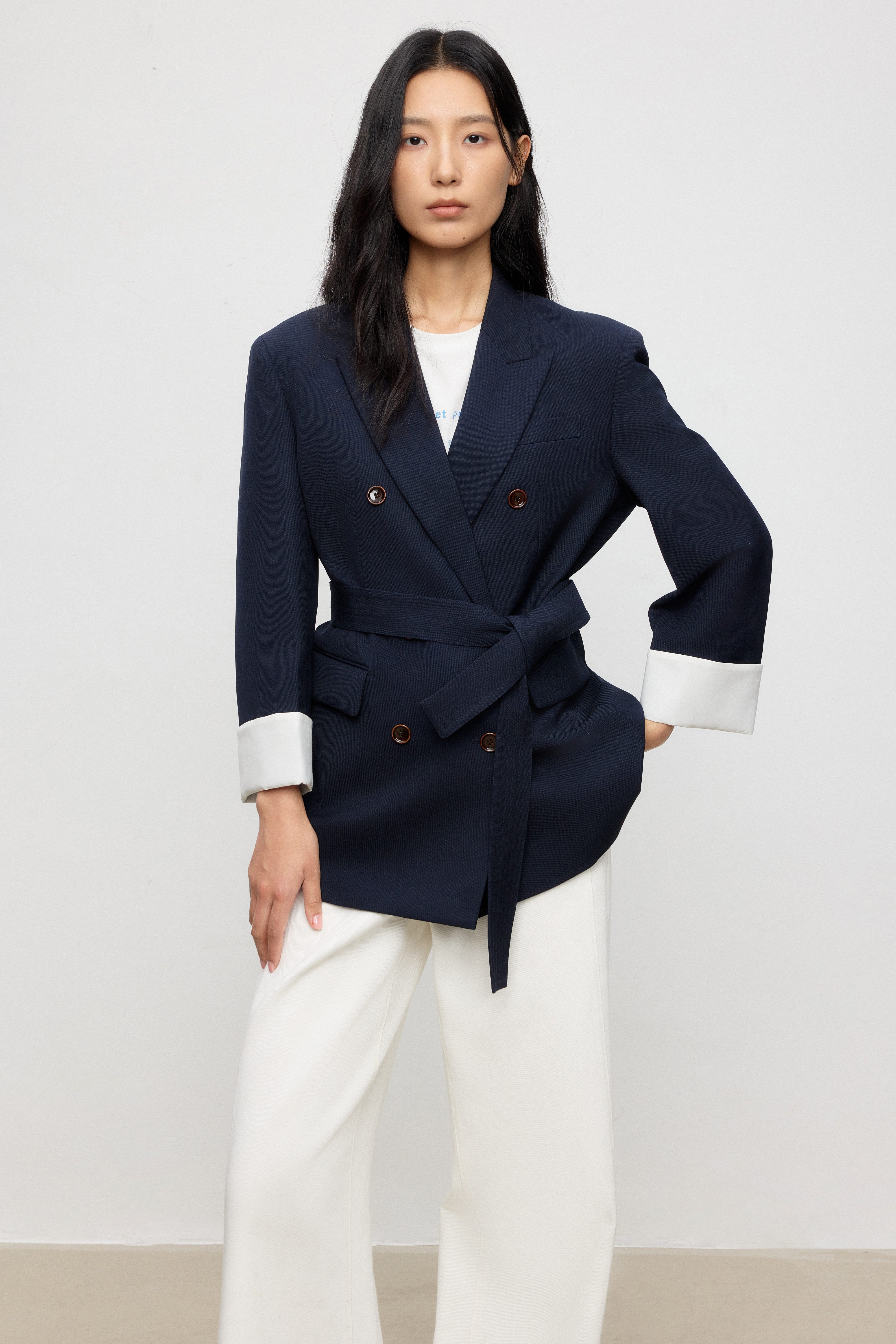 Belted Double-Breasted Structured Wool Blazer with Turn-up Cuffs