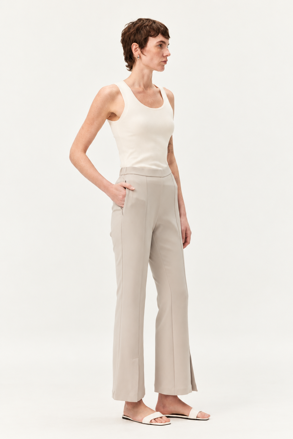 Soft Drape Flared Pants with Front Slit