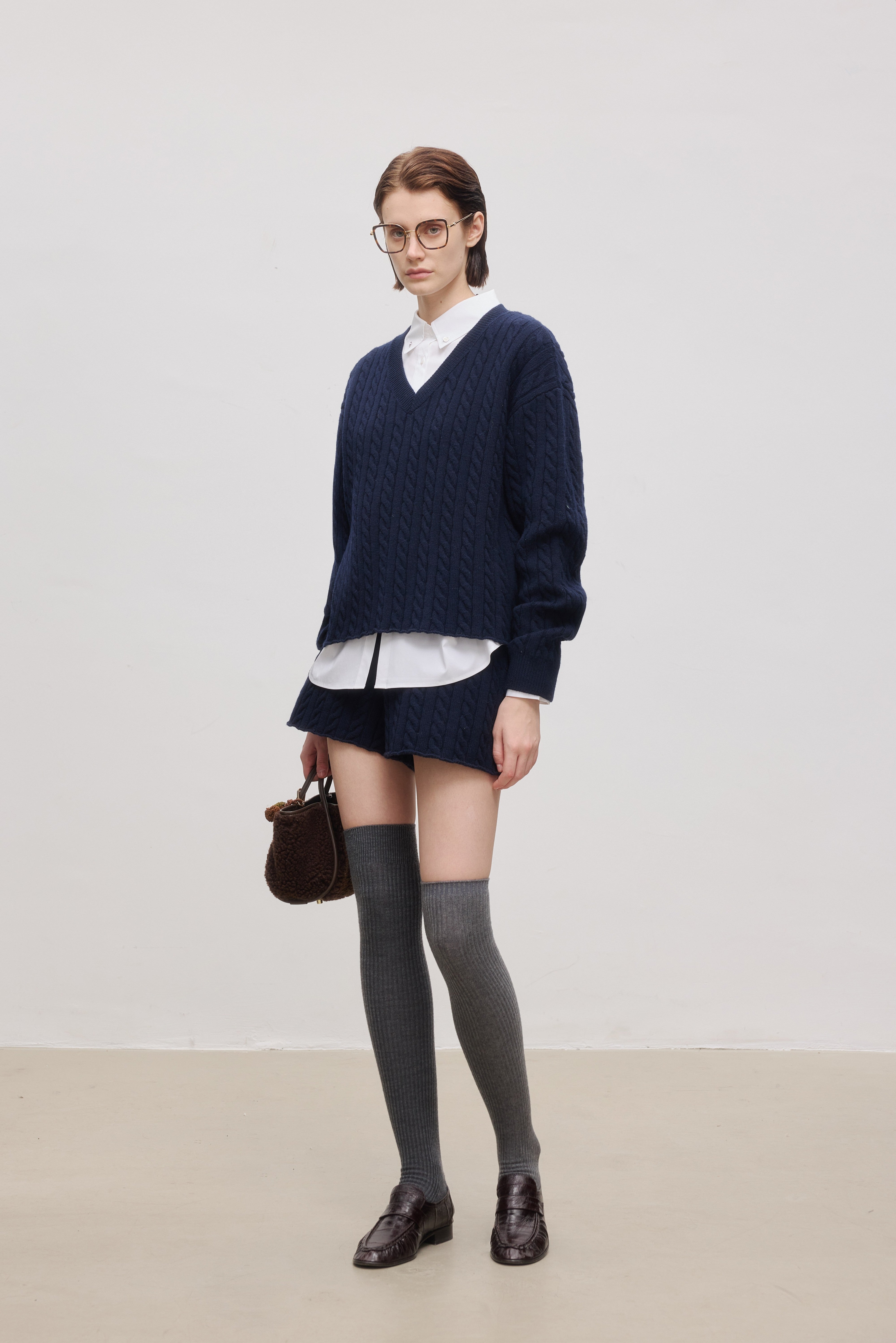 Classic Cable-Knit V-Neck Merino Wool Sweater