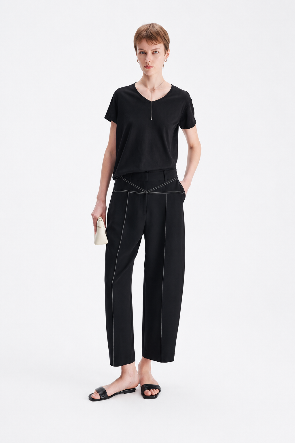 Contrast Stitch Barrel-Leg Trousers