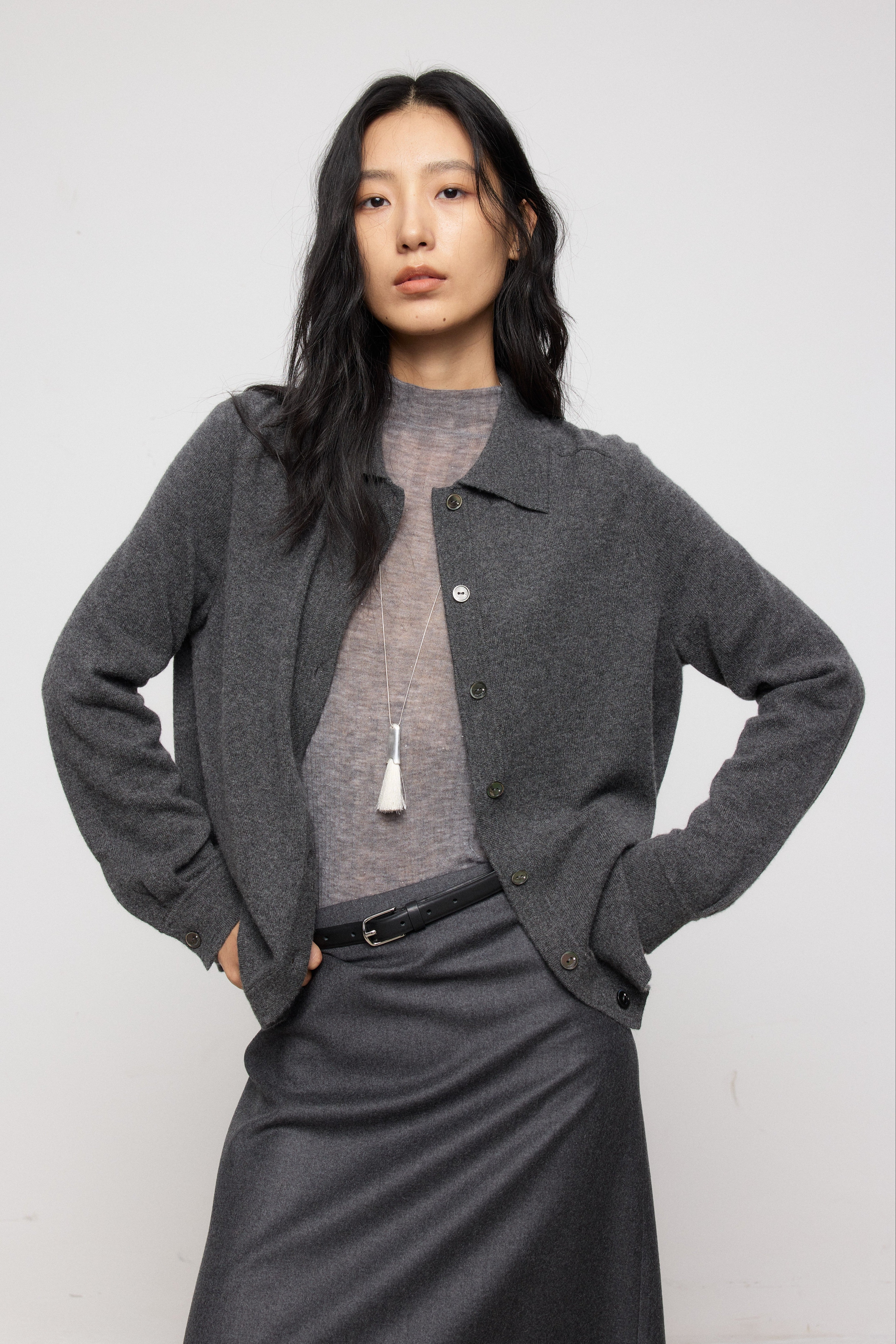Classic Pure Cashmere Collared Knit Cardigan