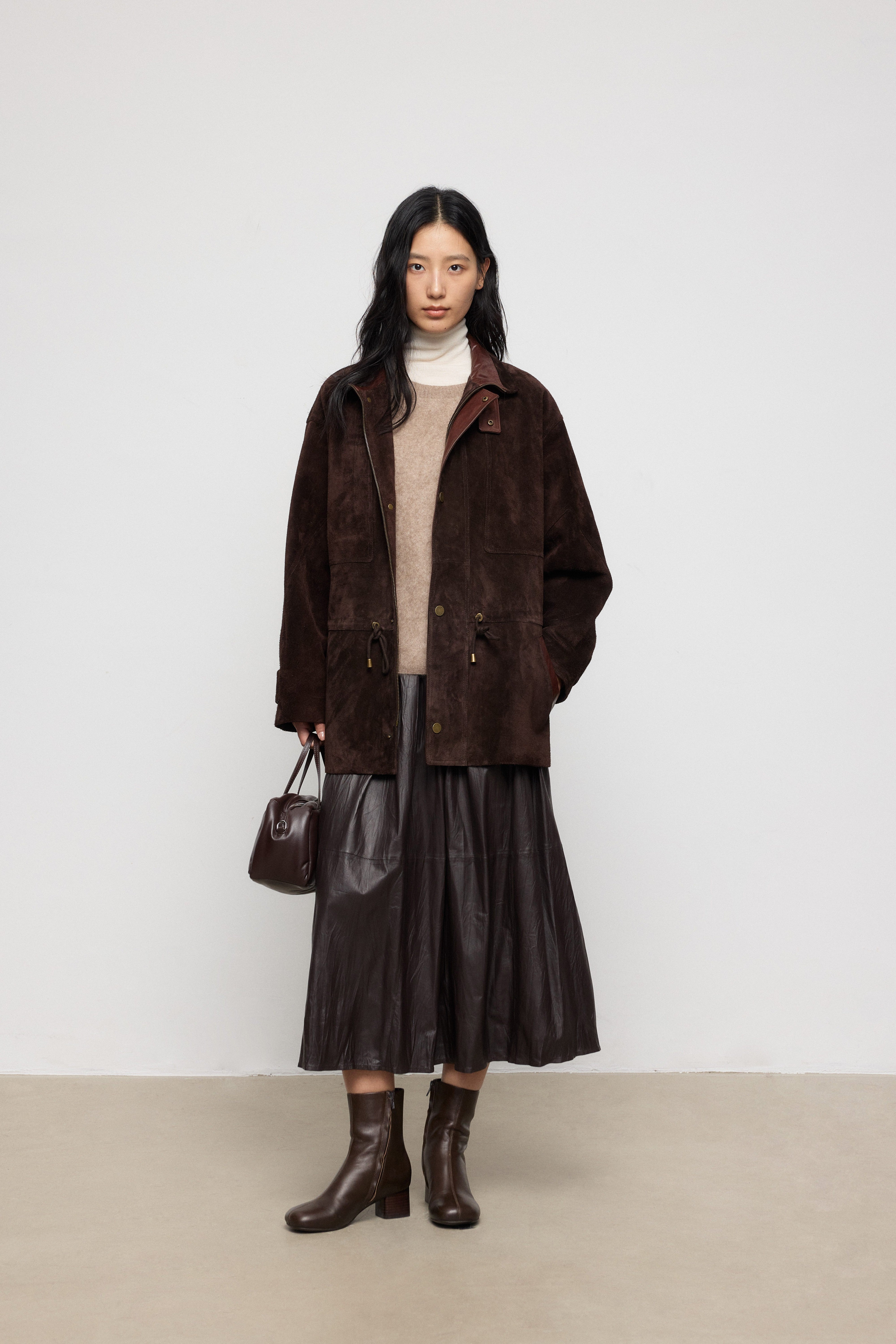 Pleated Leather Midi Skirt