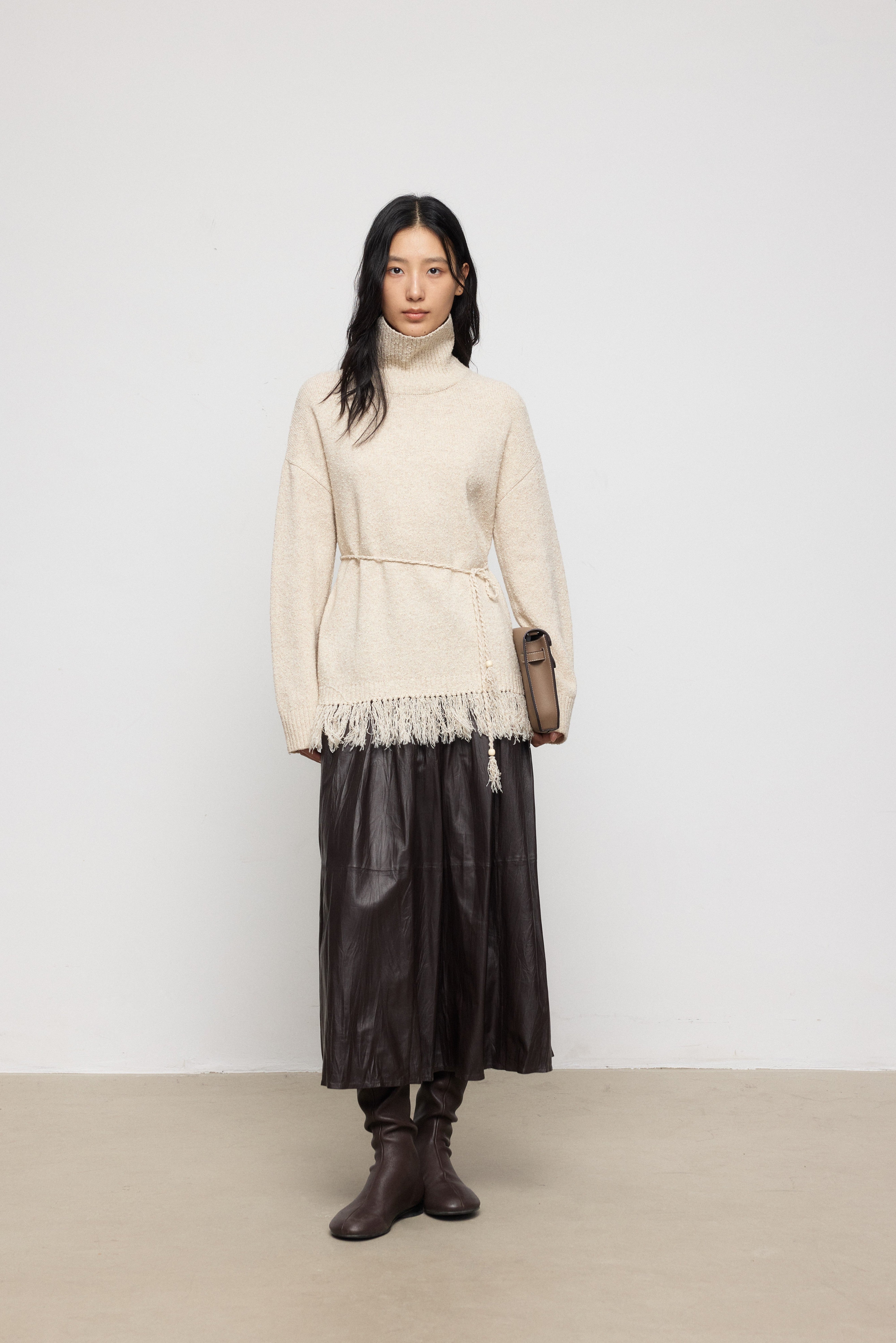 Pleated Leather Midi Skirt
