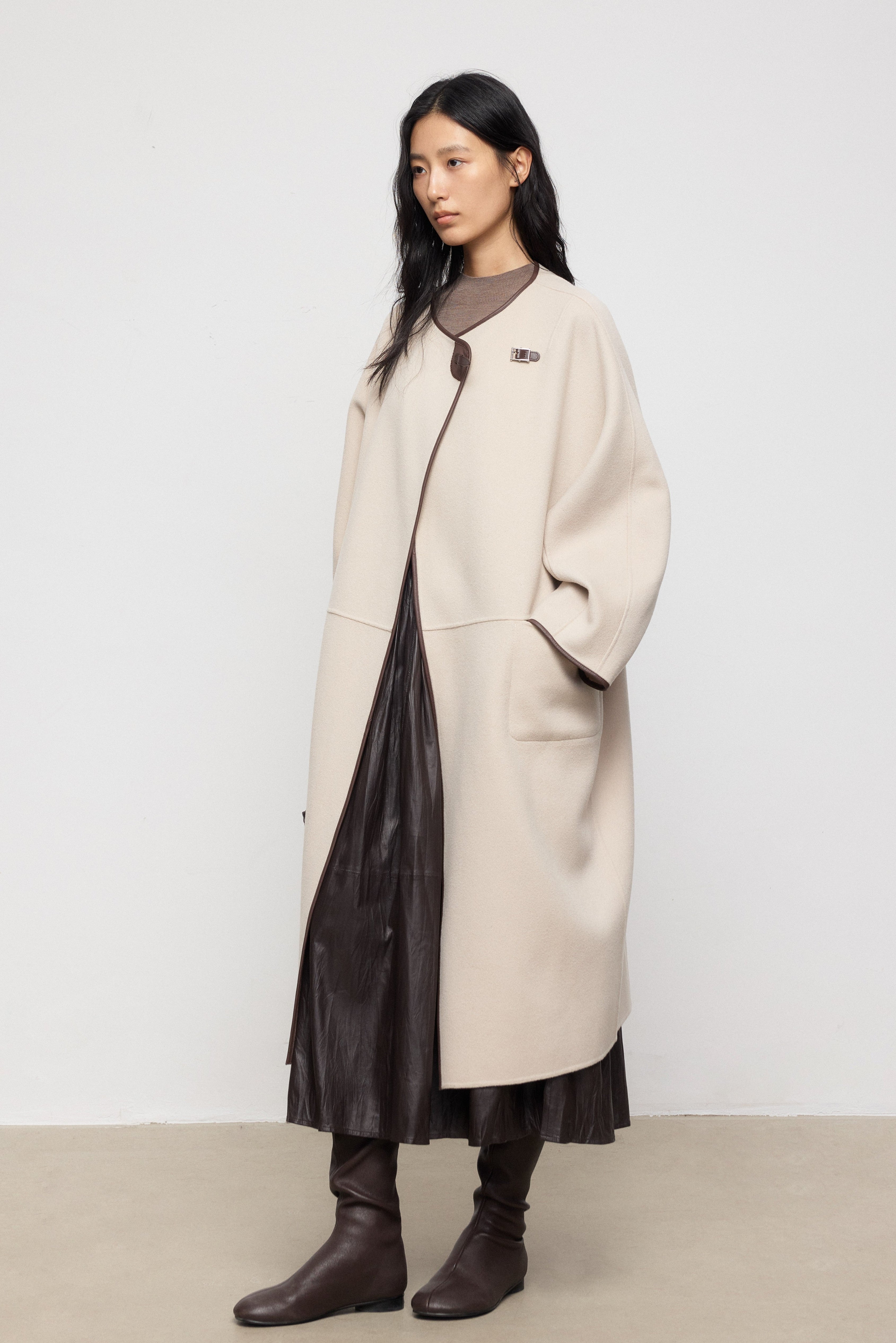 Collarless Wool Coat with Leather-Trim Scarf Detail