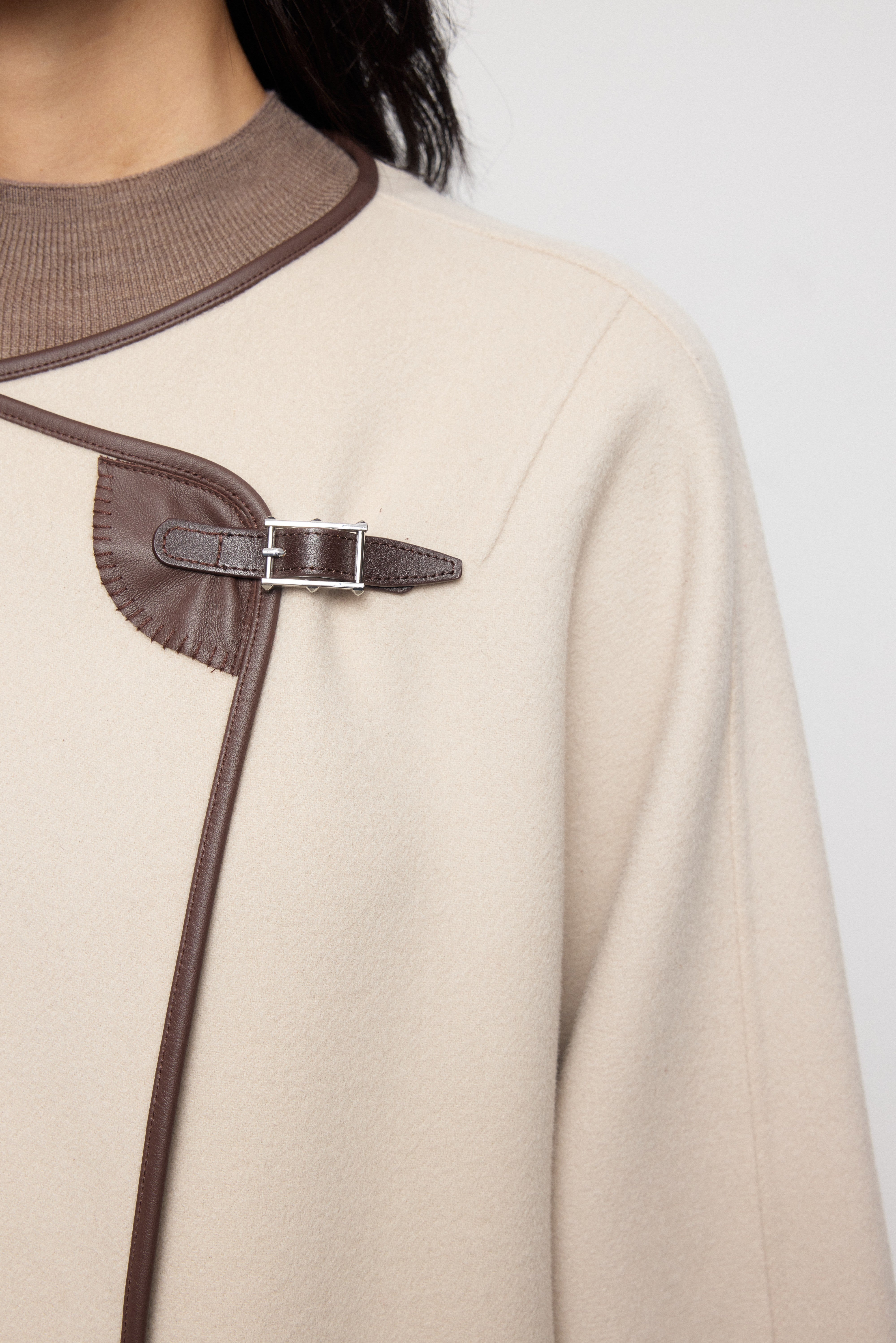 Collarless Wool Coat with Leather-Trim Scarf Detail