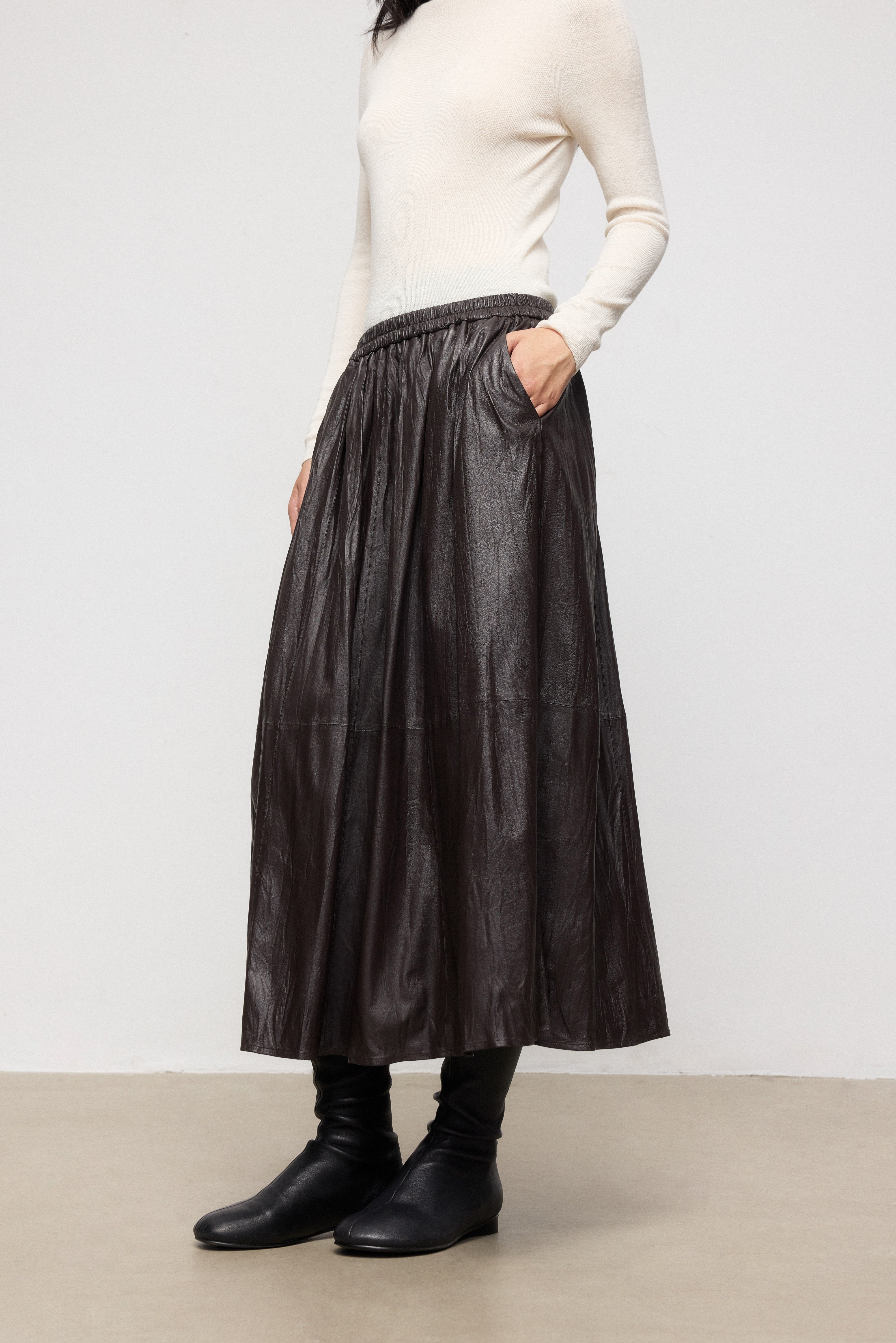 Pleated Leather Midi Skirt