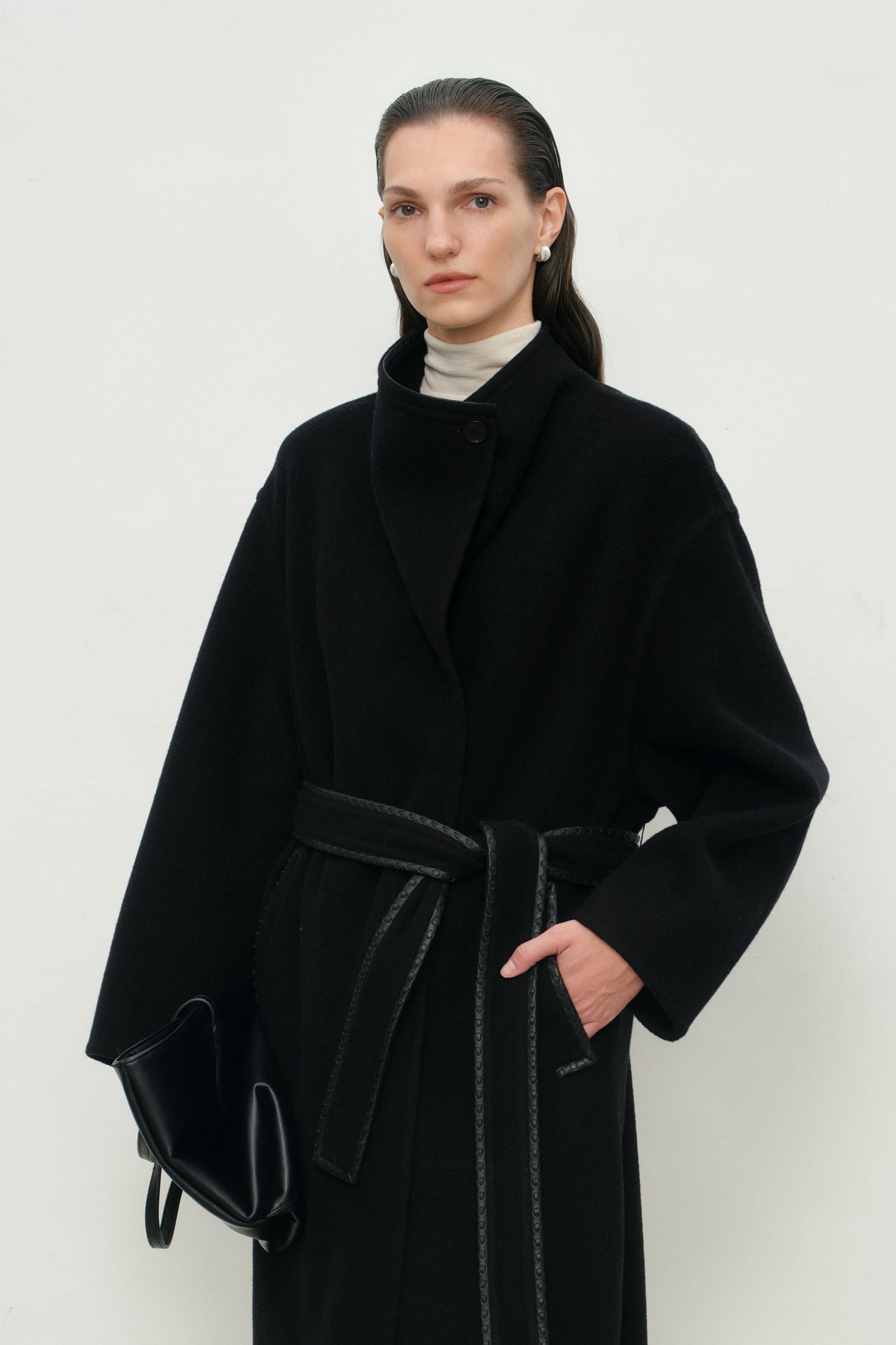 Leather-Trim Belted Pure Wool Wrap Long Coat