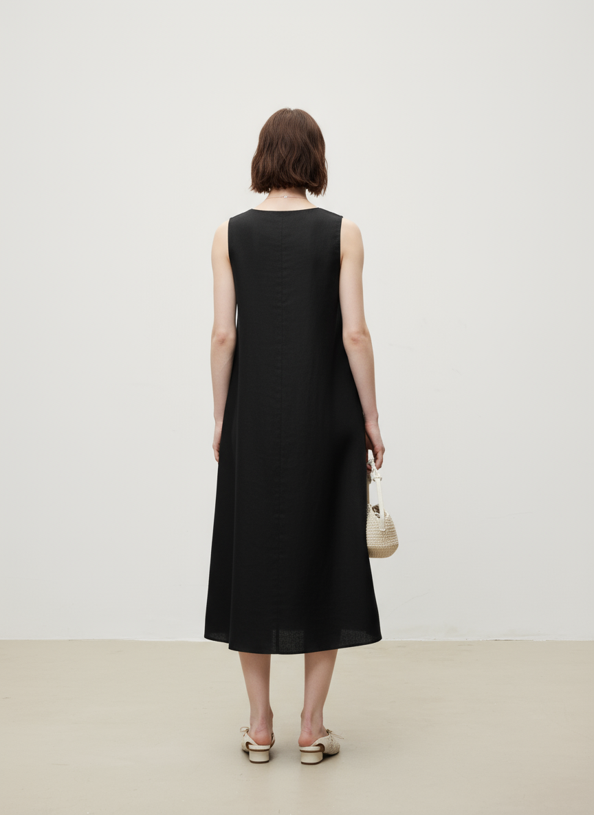 Linen V-Neck Sleeveless V-Neck Dress (Midi)