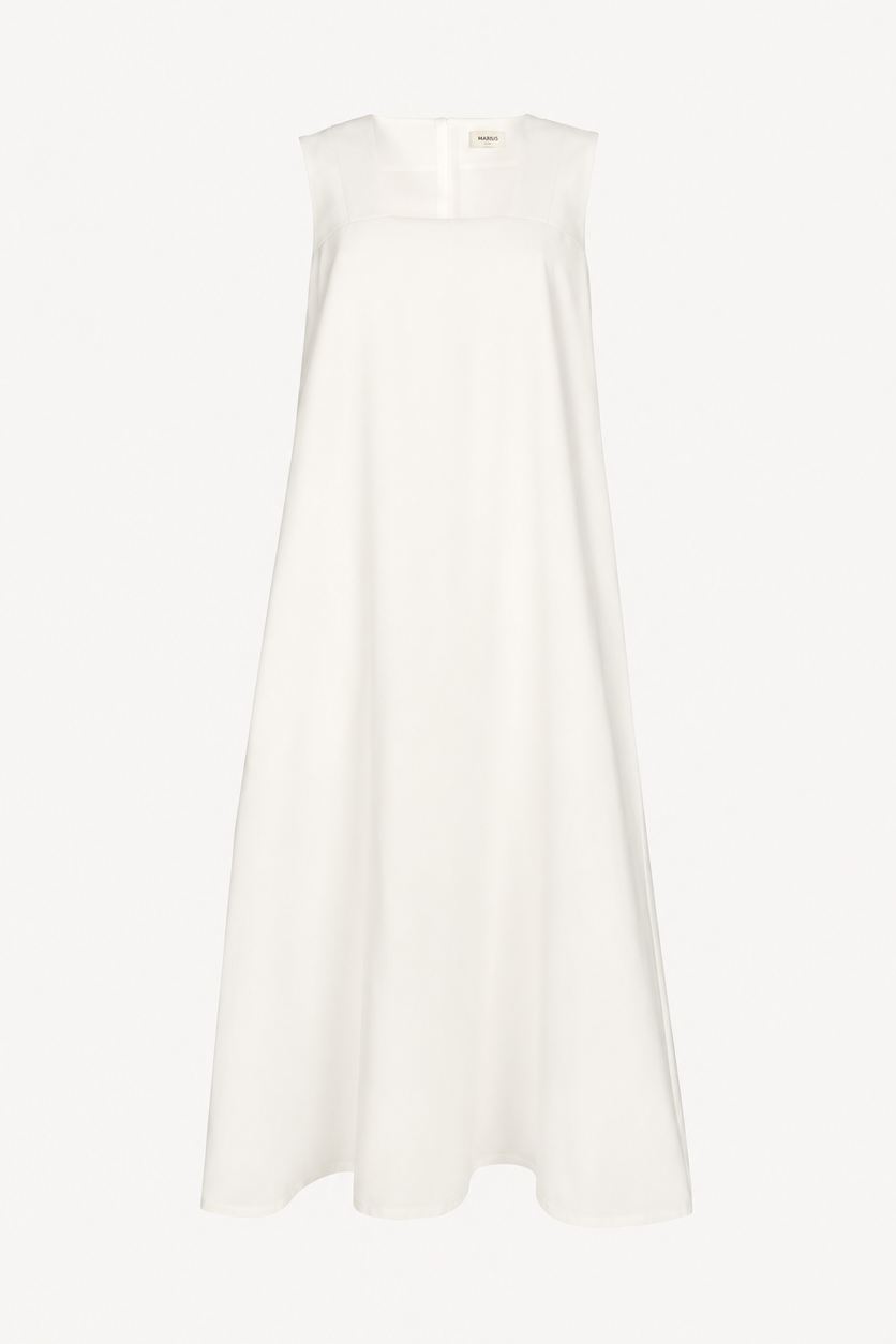 A sleeveless white A-line maxi dress with a relaxed, flowing silhouette, shown against a plain white background.