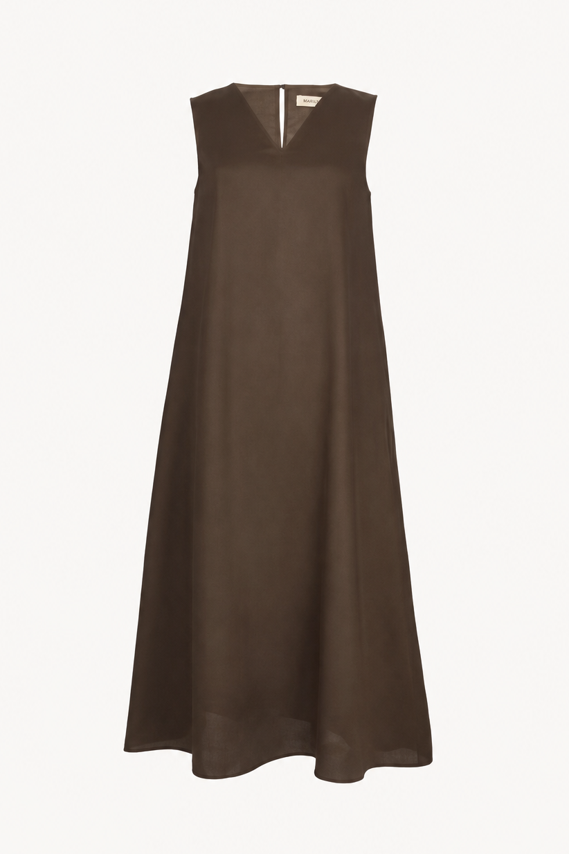 A sleeveless, V-neck maxi dress in a dark brown color, shown flat against a plain white background.