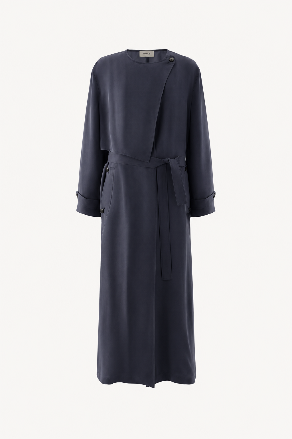 A dark navy wrap-style midi dress with a self-tie belt, shown against a plain white background.