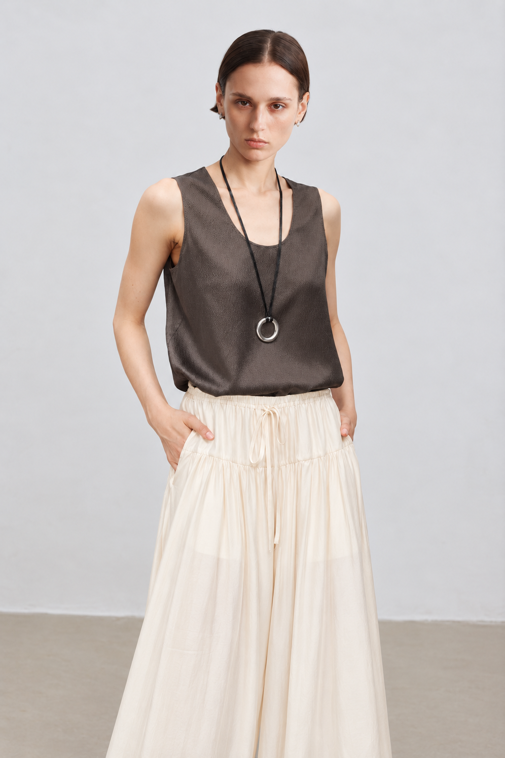 Minimal Pearl-Sheen Silk Satin Scoop-Neck Tank