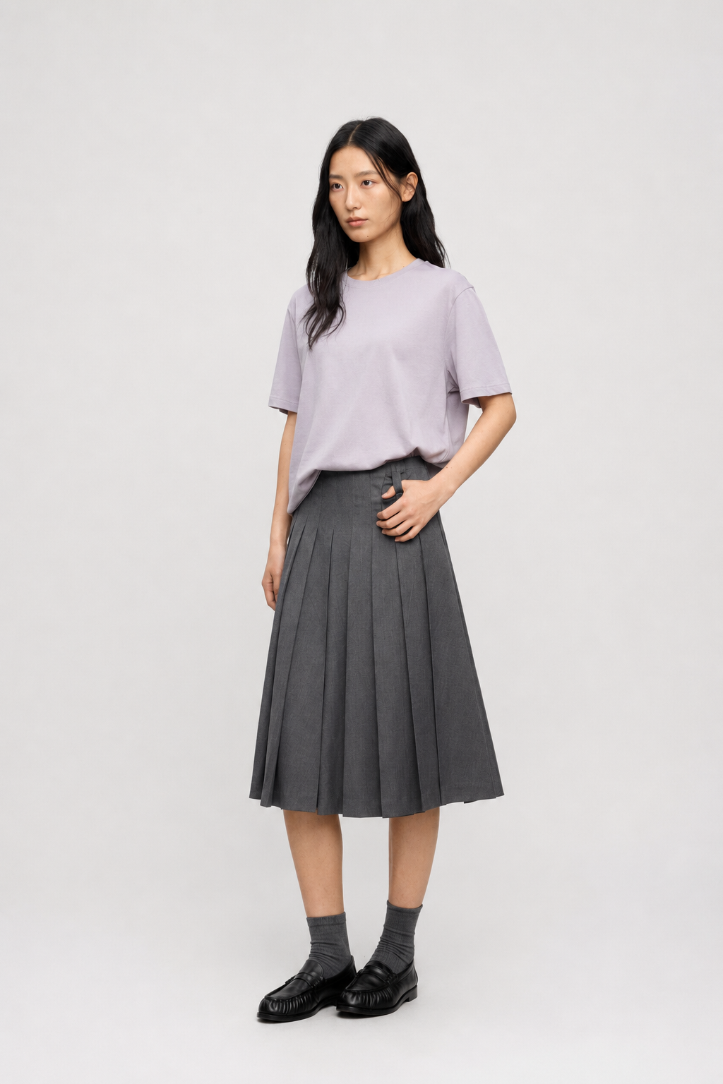 Tailored Pleated Wool Skirt with Belt