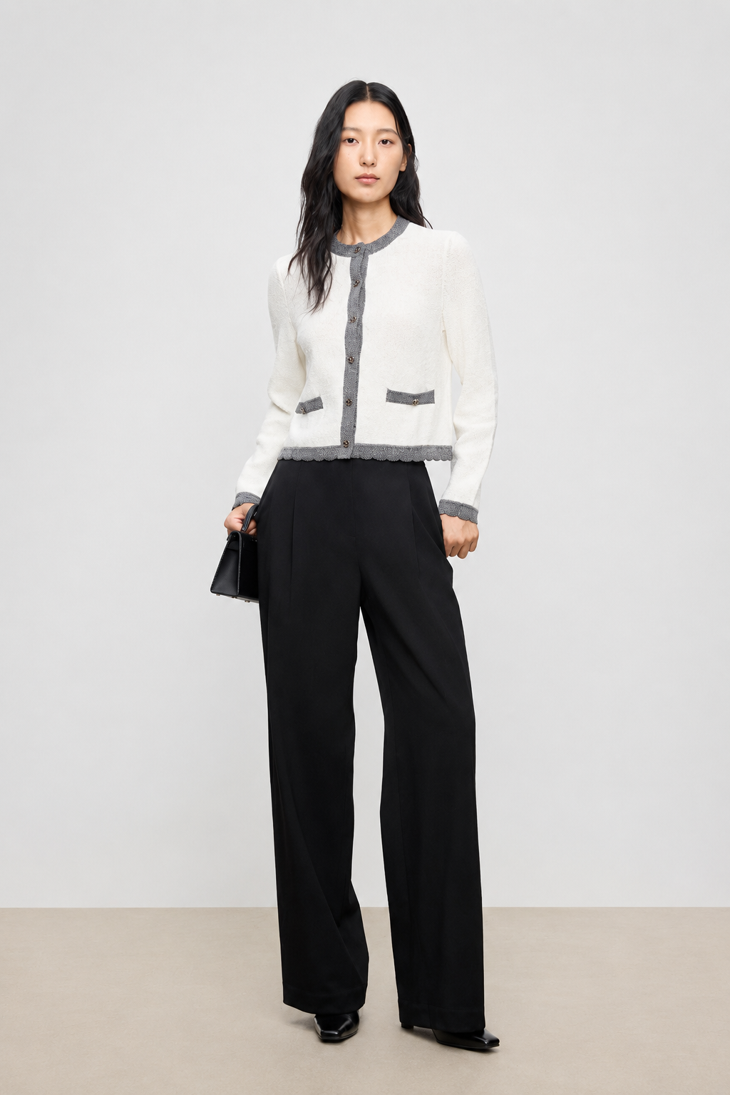 Leather-Trim Wool Straight-Leg Trousers