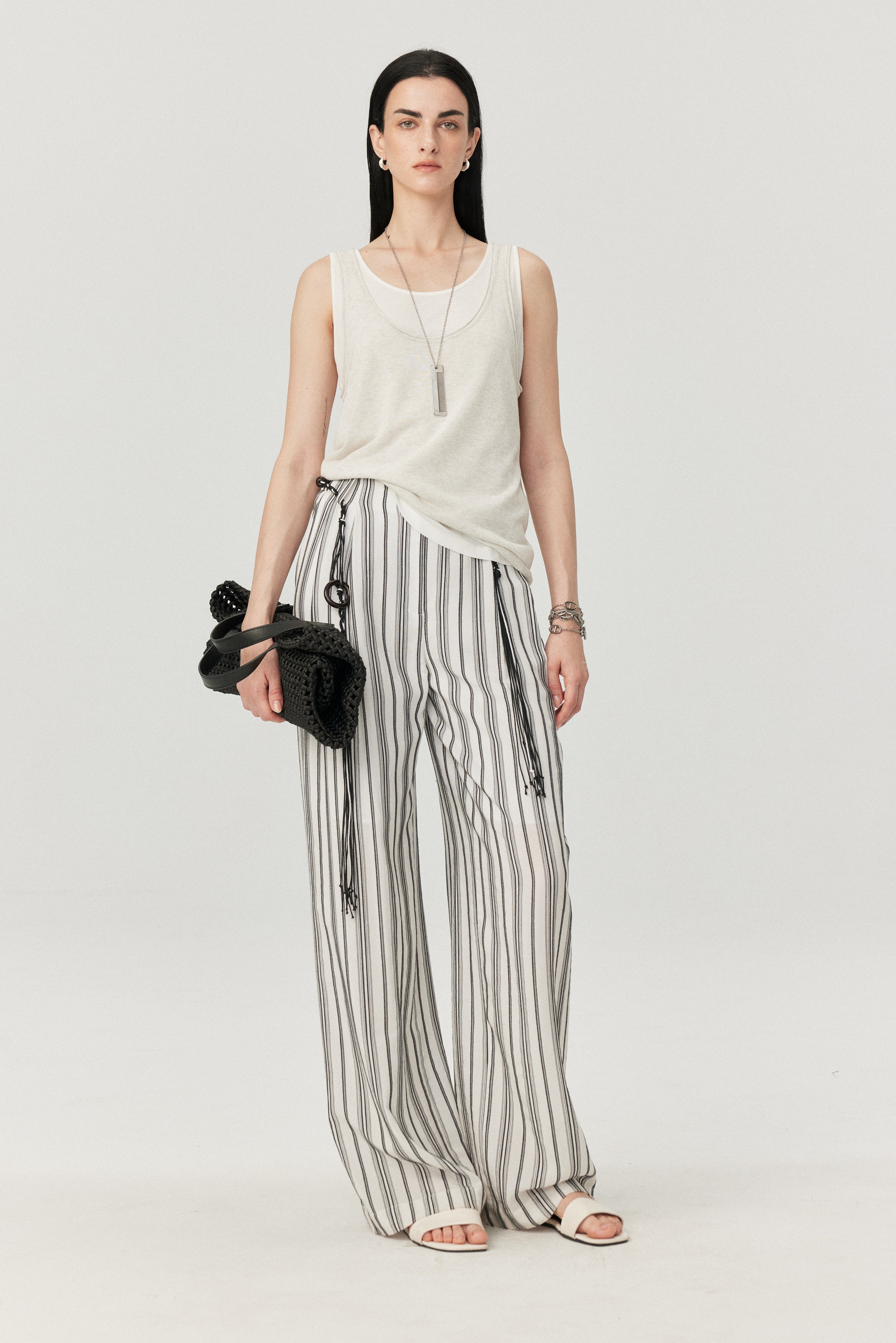 Linen-Blend Stripe Wide-Leg Pants