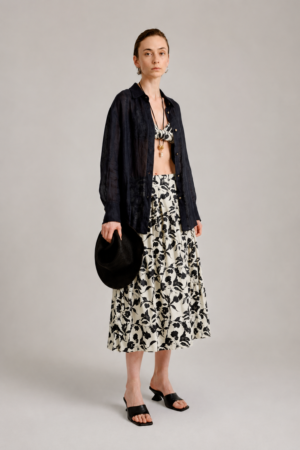 Botanical Print Cotton Midi Skirt