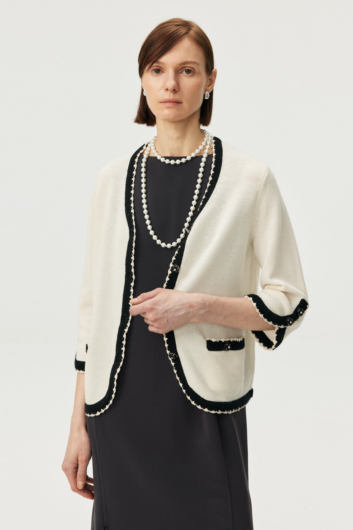 Wool-Cashmere Contrast Trim Cardigan