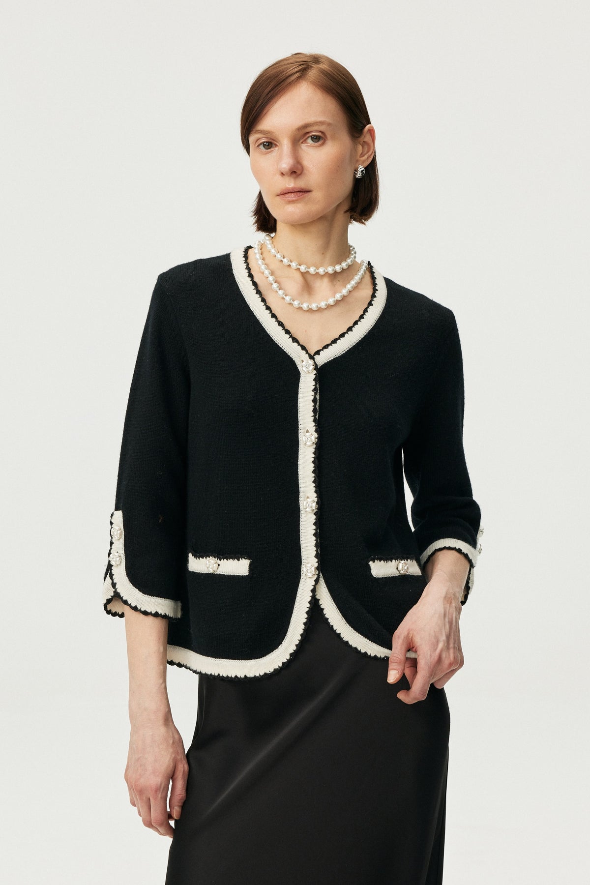Wool-Cashmere Contrast Trim Cardigan