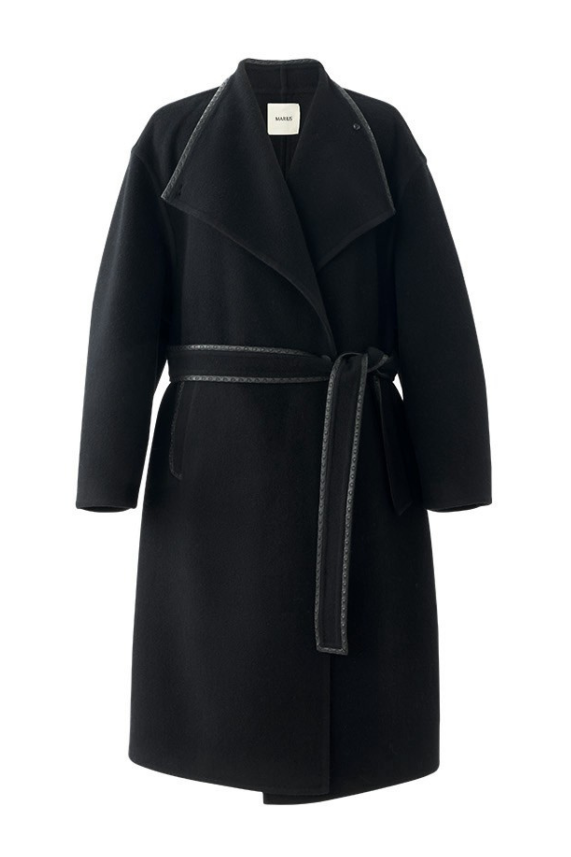 Leather-Trim Belted Pure Wool Wrap Long Coat