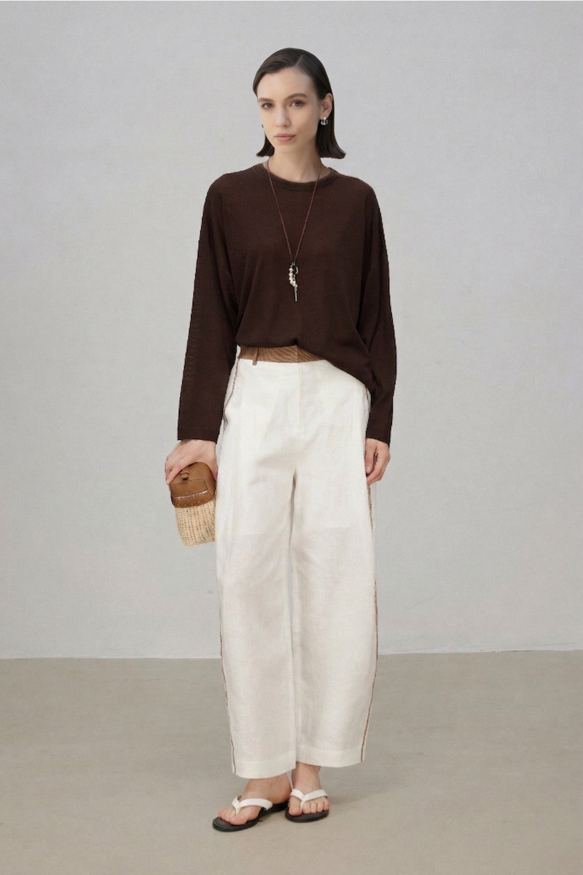 Lightweight Wool-Silk Crewneck Knit Pullover